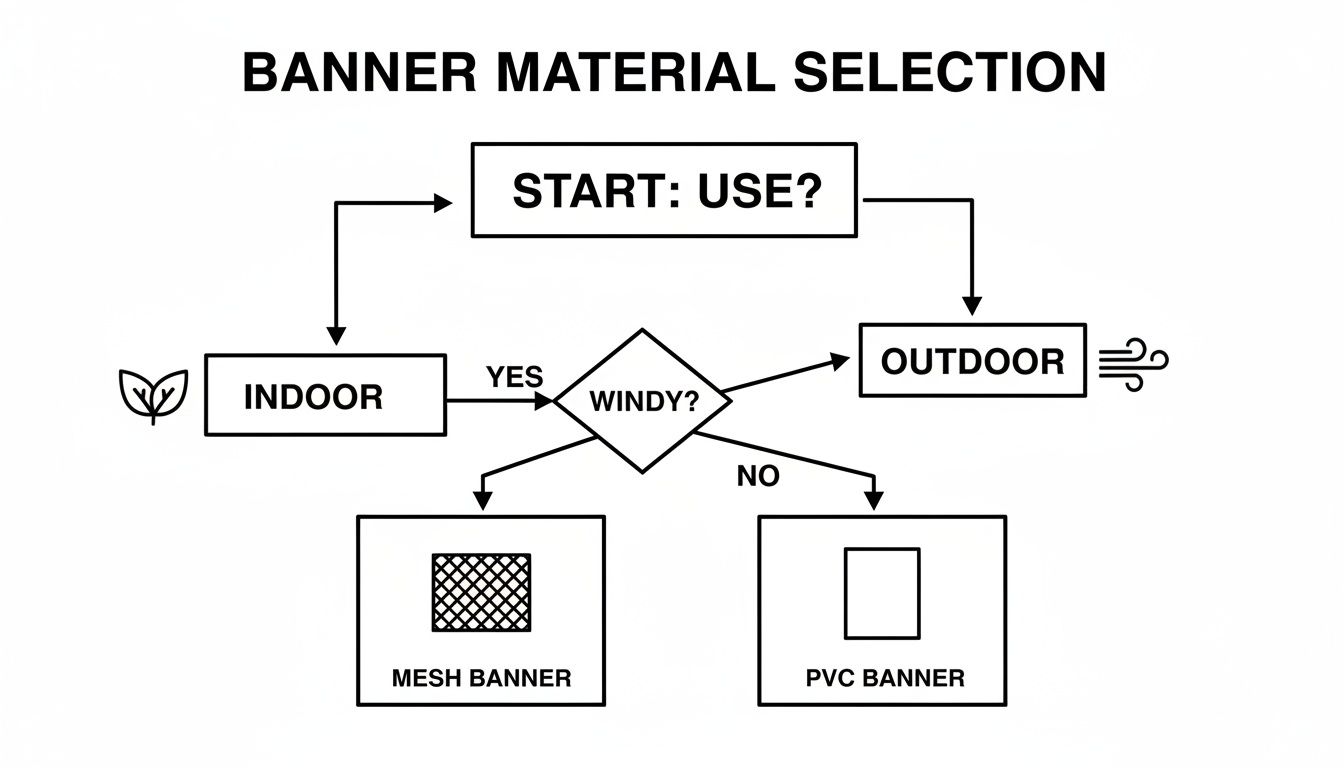 Flowchart diagram guiding banner material selection for indoor, outdoor, windy, or non-windy conditions.