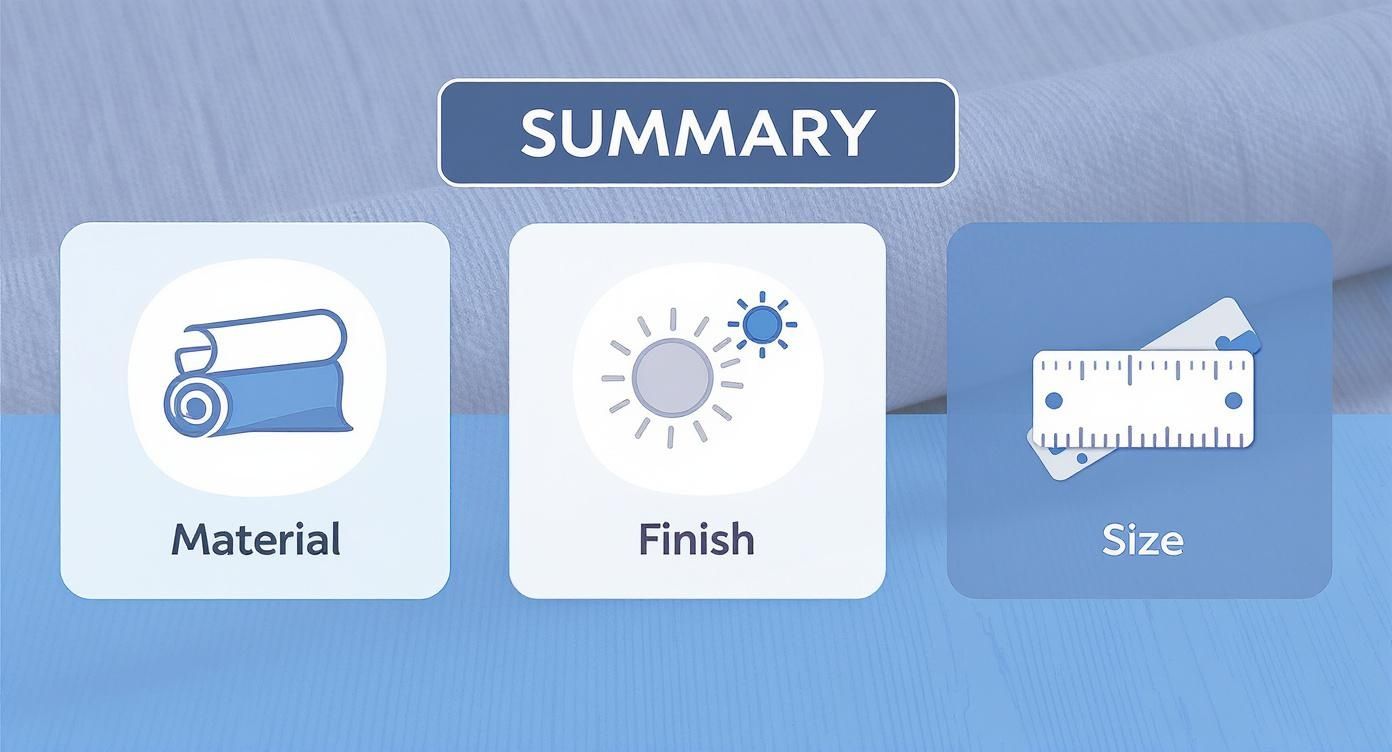 A summary graphic with icons for Material (rolled fabric), Finish (sun), and Size (ruler).