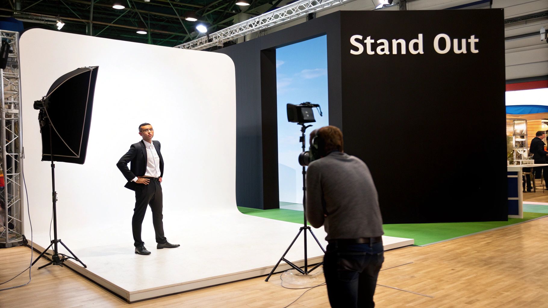 A man in a suit poses on a white photography backdrop with a videographer filming.