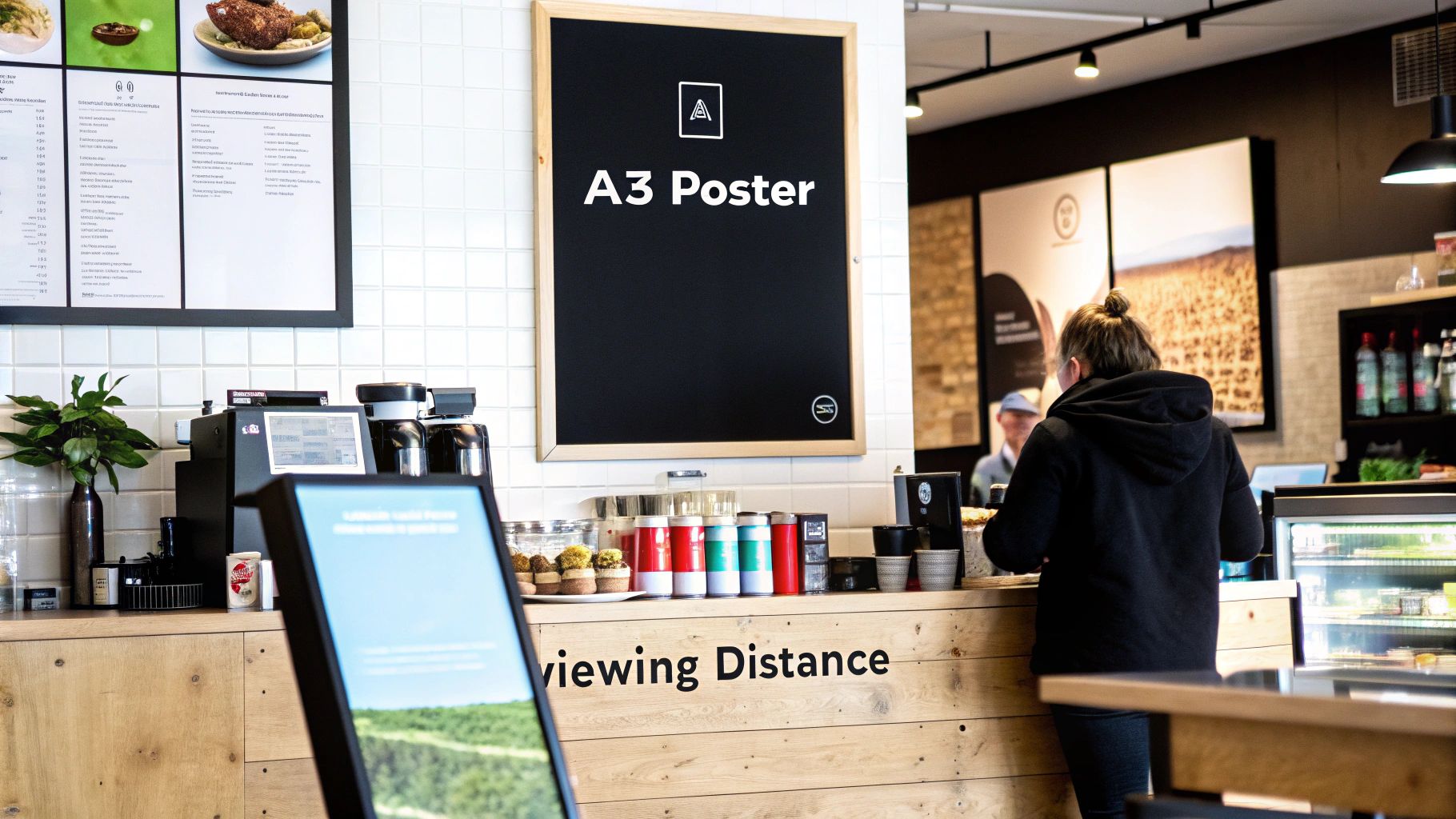 An A3 poster displayed in a modern cafe setting with a customer ordering at the counter.