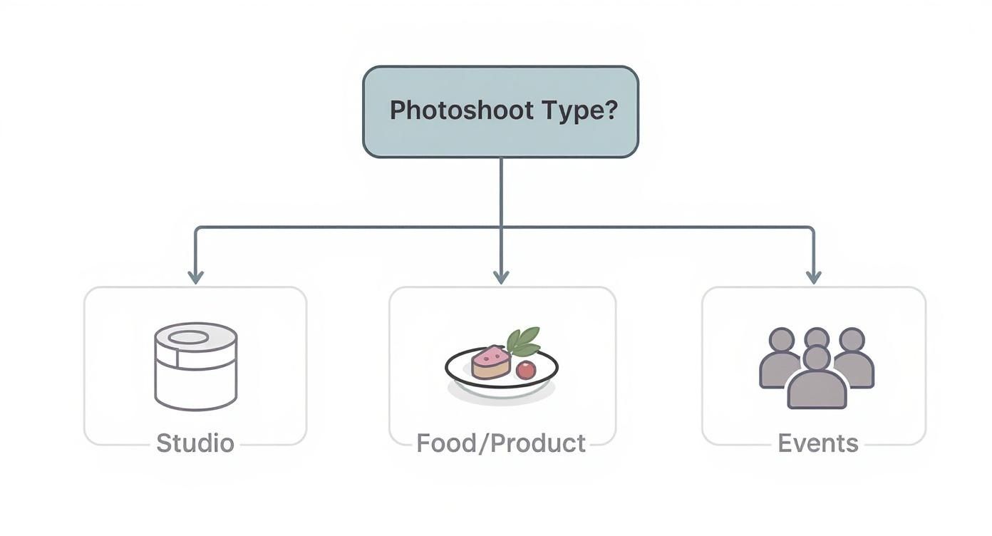 Flowchart showing three types of photoshoots: Studio, Food/Product, and Events, stemming from 'Photoshoot Type?'.