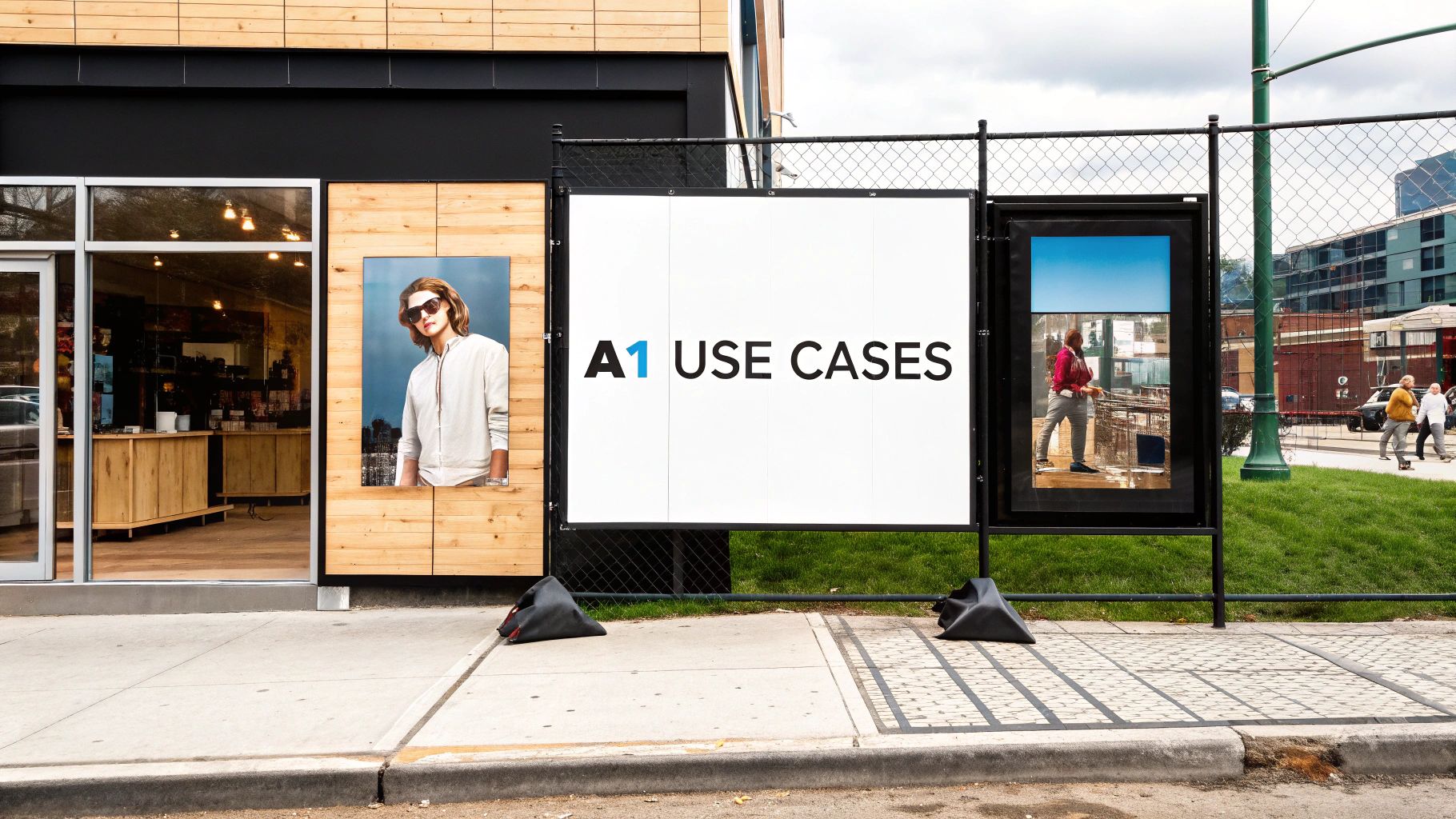 Large 'A1 USE CASES' banner on a fence next to a storefront with various outdoor displays.