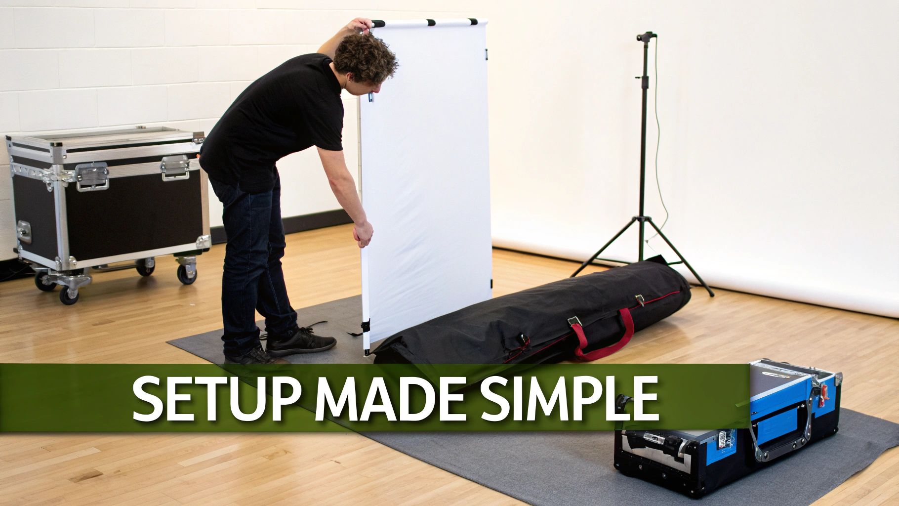 A man sets up a white display screen on a grey mat, surrounded by black equipment cases.