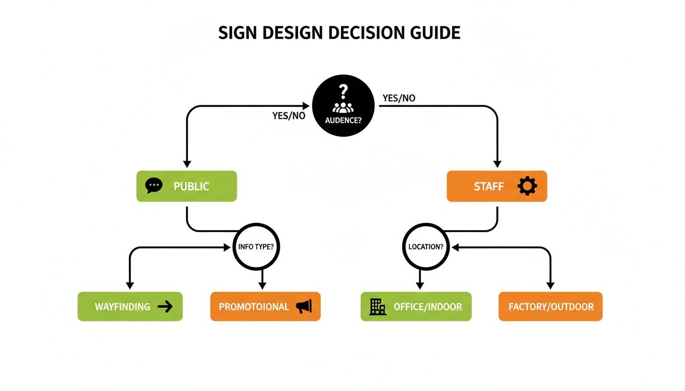 A flowchart outlining a sign design decision guide based on audience, information type, and location.