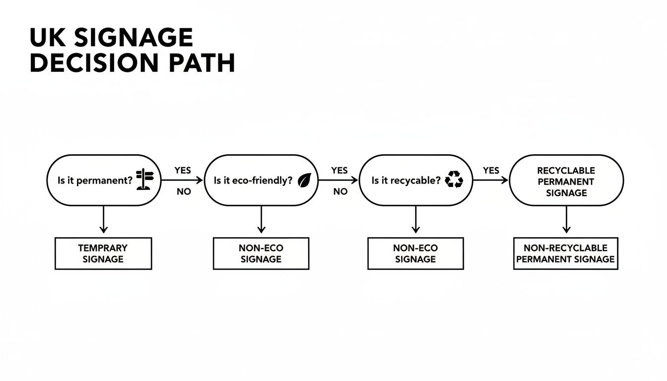 Flowchart outlining the UK signage decision path based on permanence, eco-friendliness, and recyclability criteria.