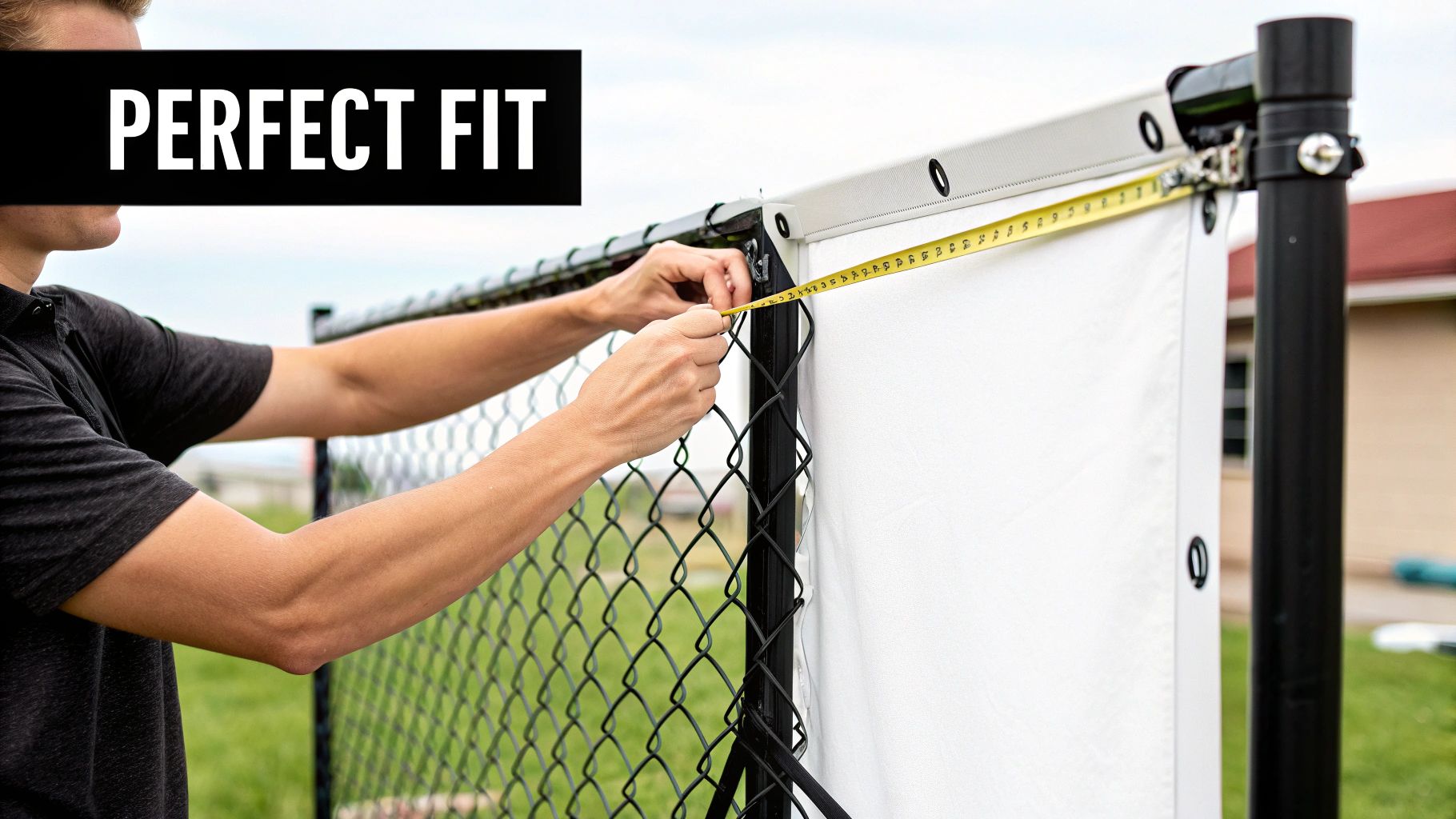 A person measures a white banner attached to a fence with a yellow tape measure for a perfect fit.