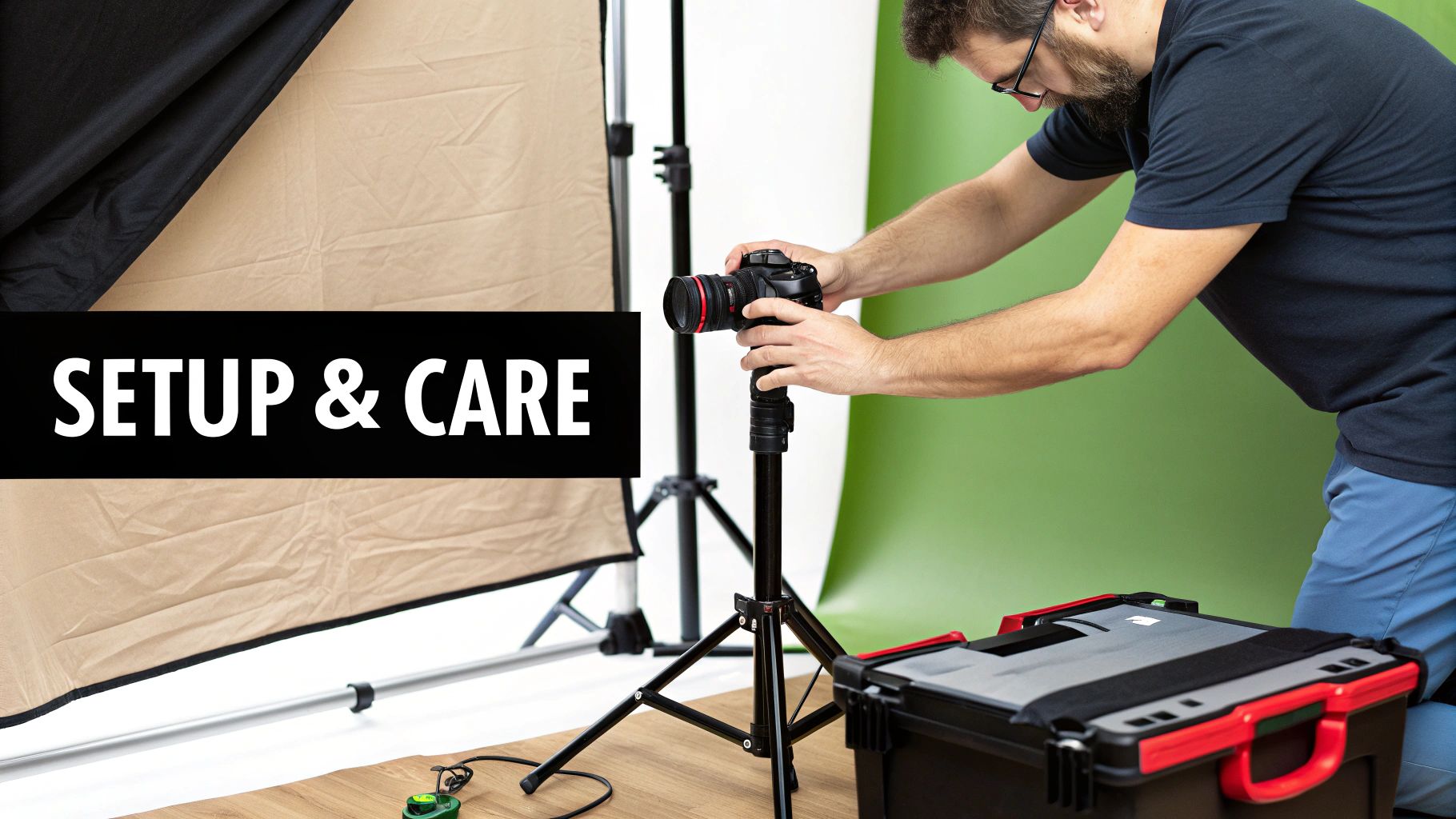 Photographer adjusts a camera on a tripod in a studio, showing setup and care with backdrops.