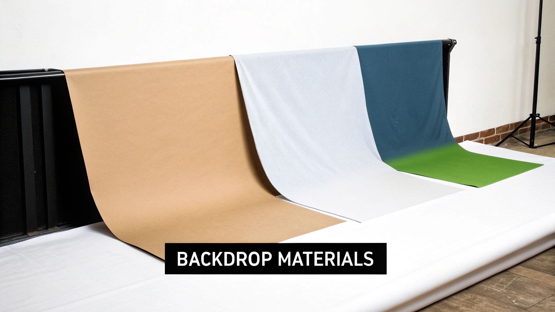Various photography backdrop materials, including paper, fabric, and green screen, draped on a studio stand.