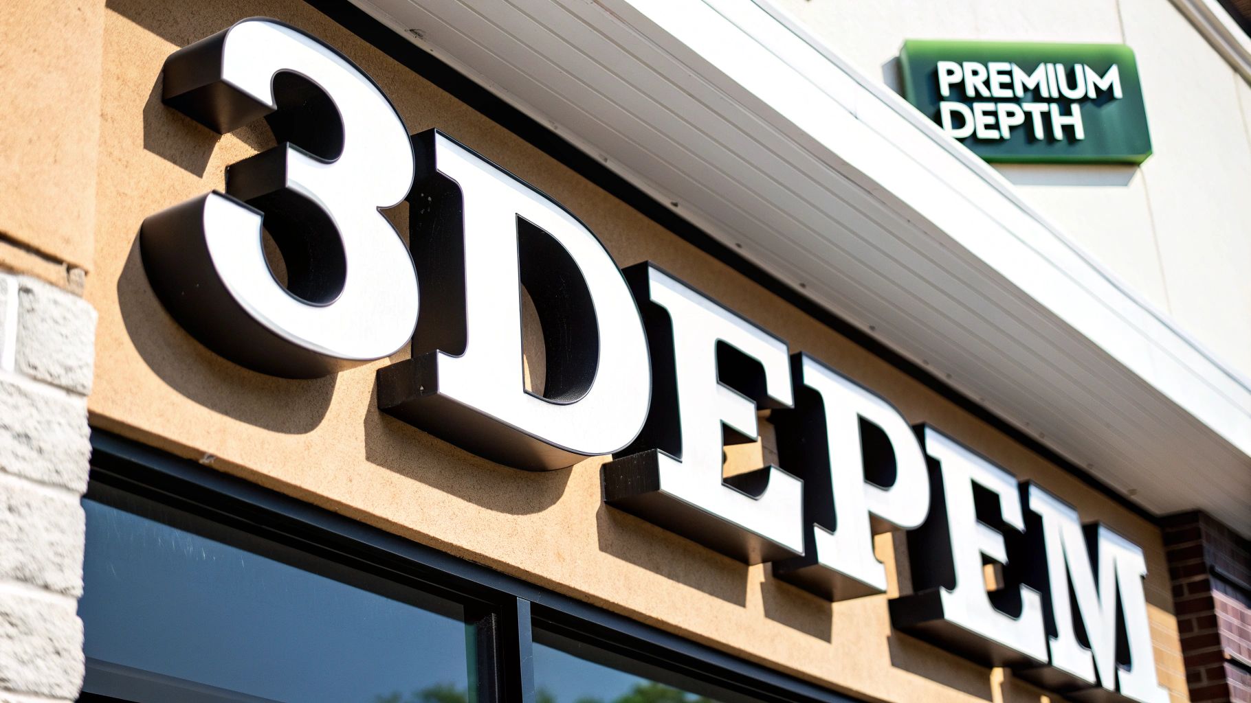 Close-up of a modern shop front with white 3D letter signage '3DEPEM' and 'PREMIUM DEPTH' on a brown wall.