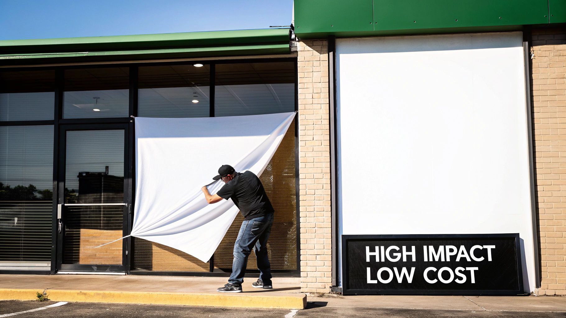 Man installs a large white banner on a building facade next to a 'High Impact Low Cost' sign.