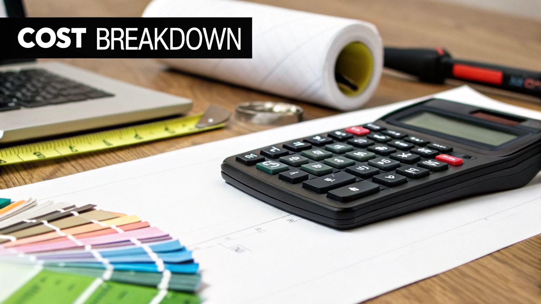 Desk with calculator, laptop, measuring tape, and color swatches for cost breakdown planning.