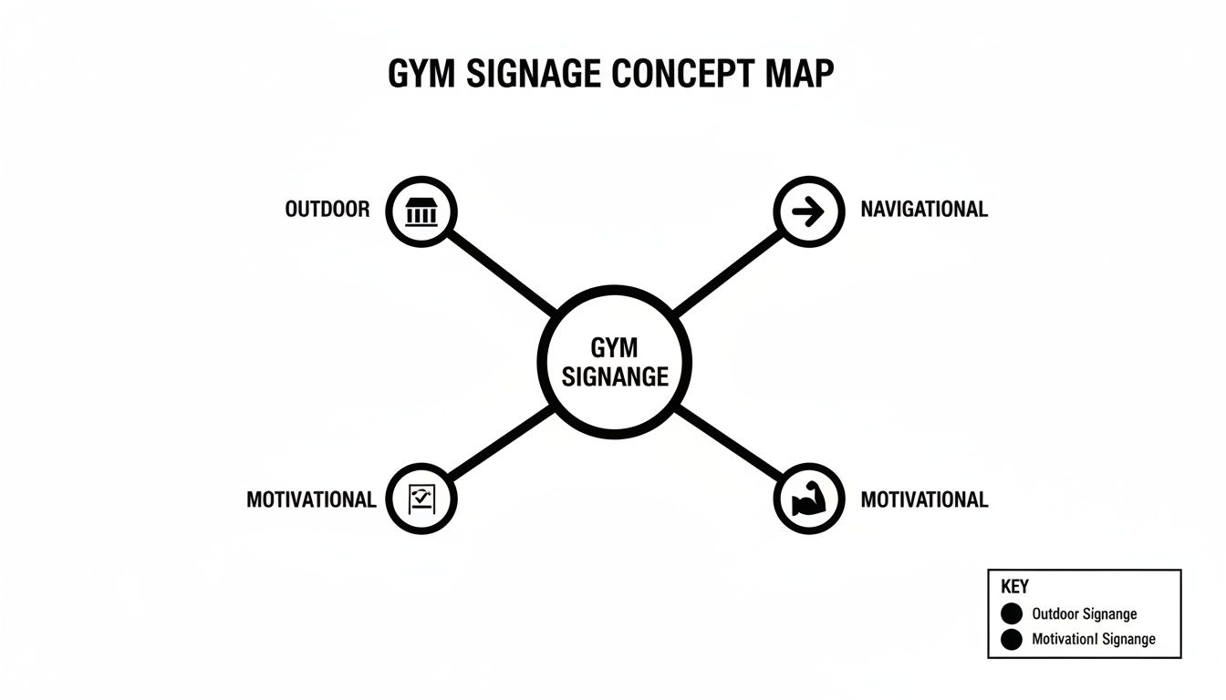 A concept map illustrating different types of gym signage, including outdoor, navigational, and motivational categories.