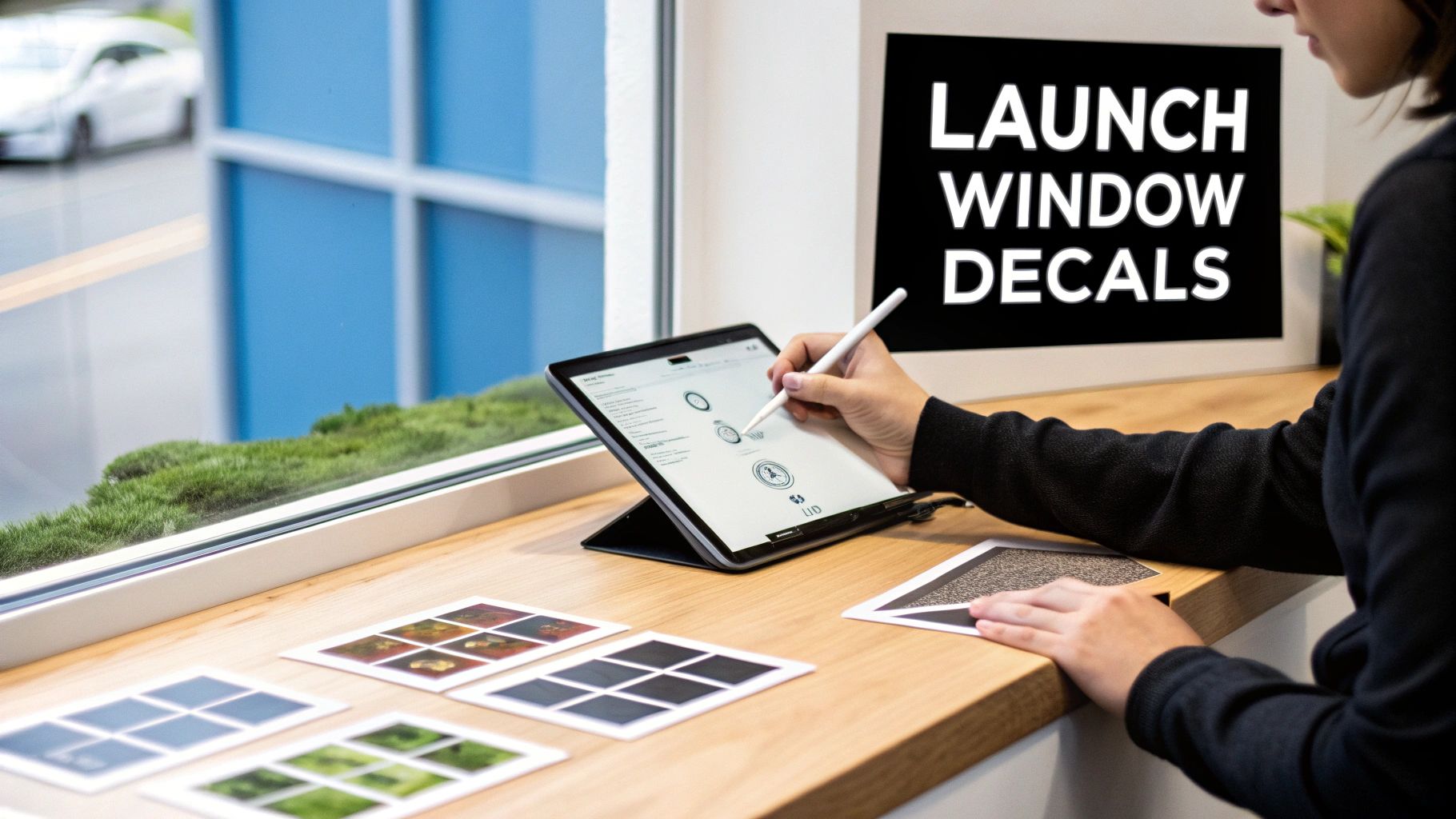 A person designs window decals on a tablet with a stylus, surrounded by physical design prints on a wooden desk.
