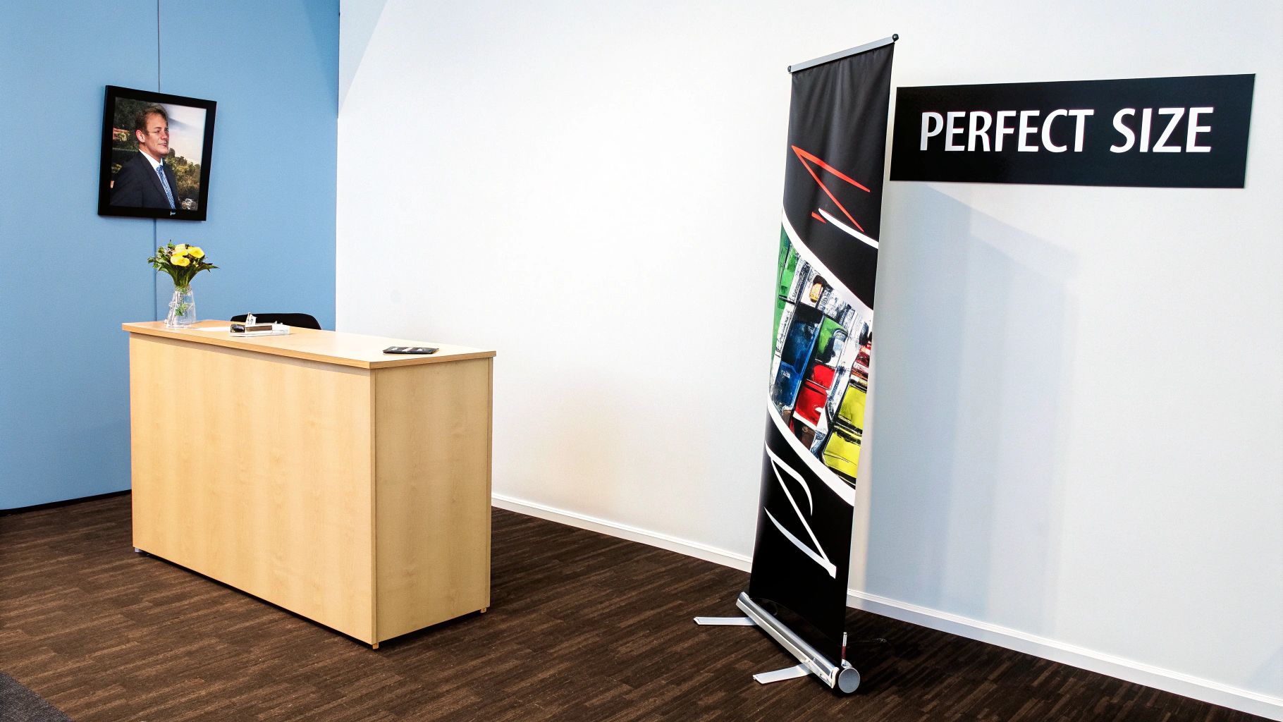 A welcoming office reception area with a wooden desk, a framed picture, and a pull-up banner.