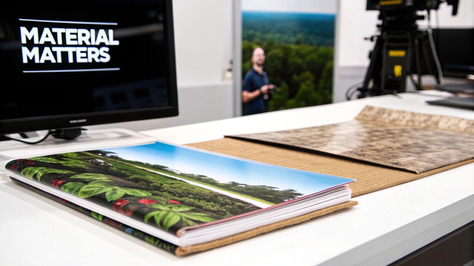 A monitor displays 'MATERIAL MATTERS' on a white desk with material samples and a landscape book.