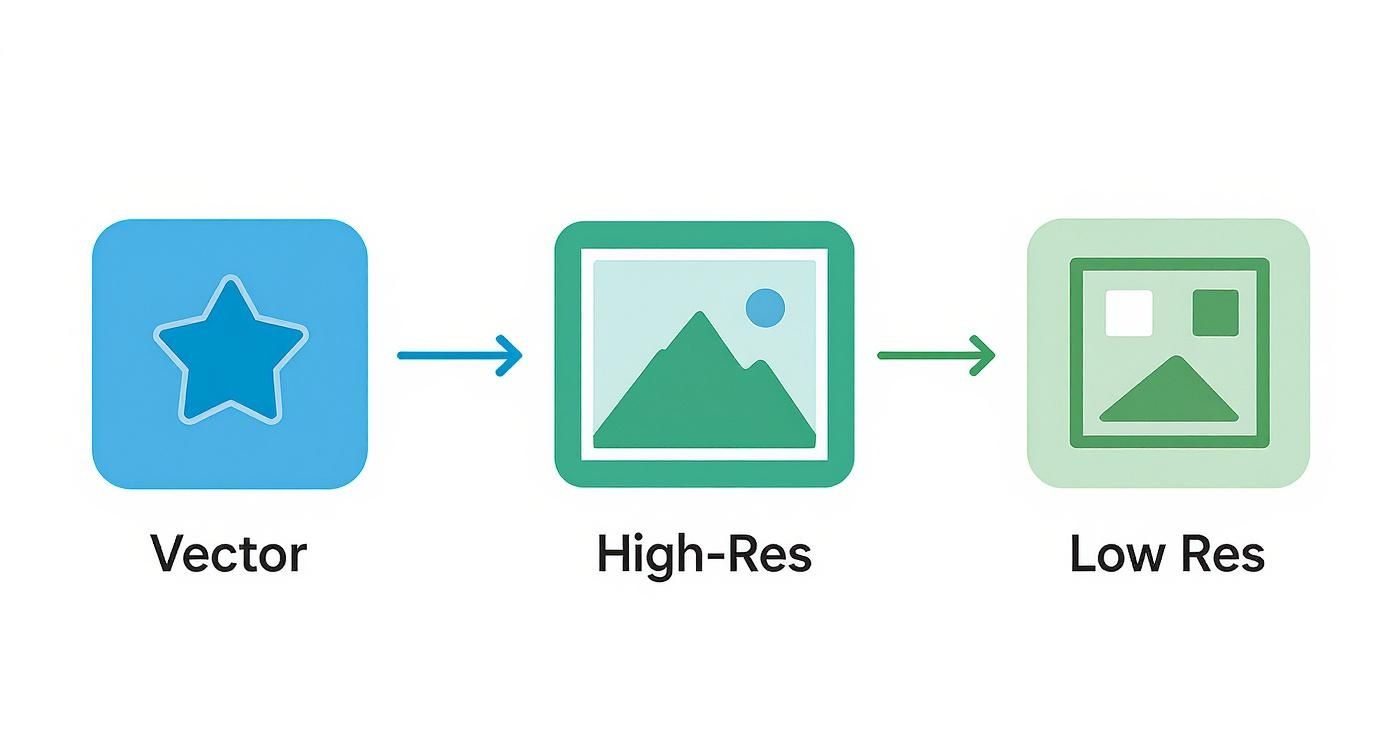 A diagram illustrating the transformation from vector to high-res to low-res image types.