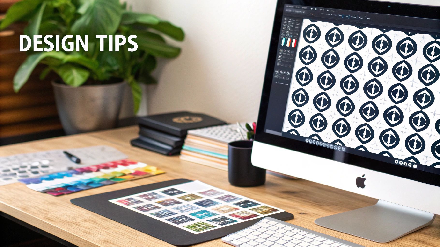 A modern workspace featuring an iMac showing a design pattern, color palette, and a plant.