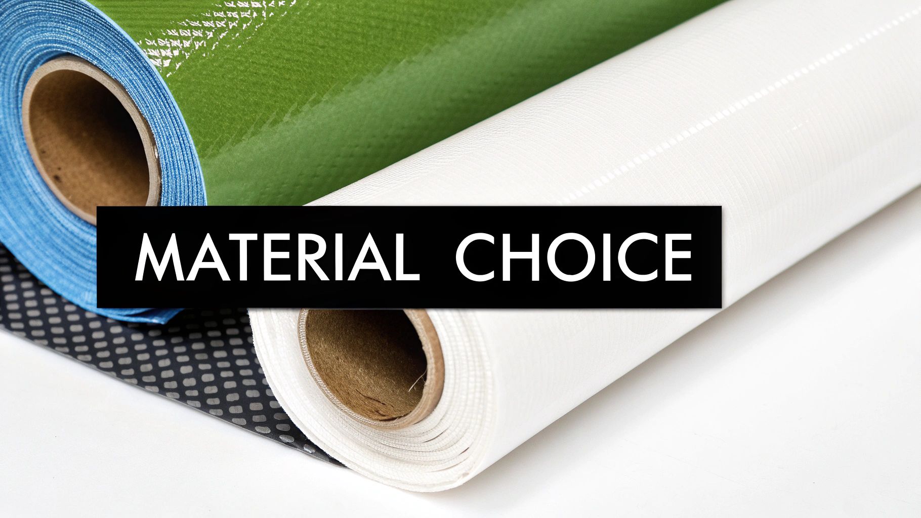 Three rolls of blue, green, and white material with 'MATERIAL CHOICE' text, representing options for banners.