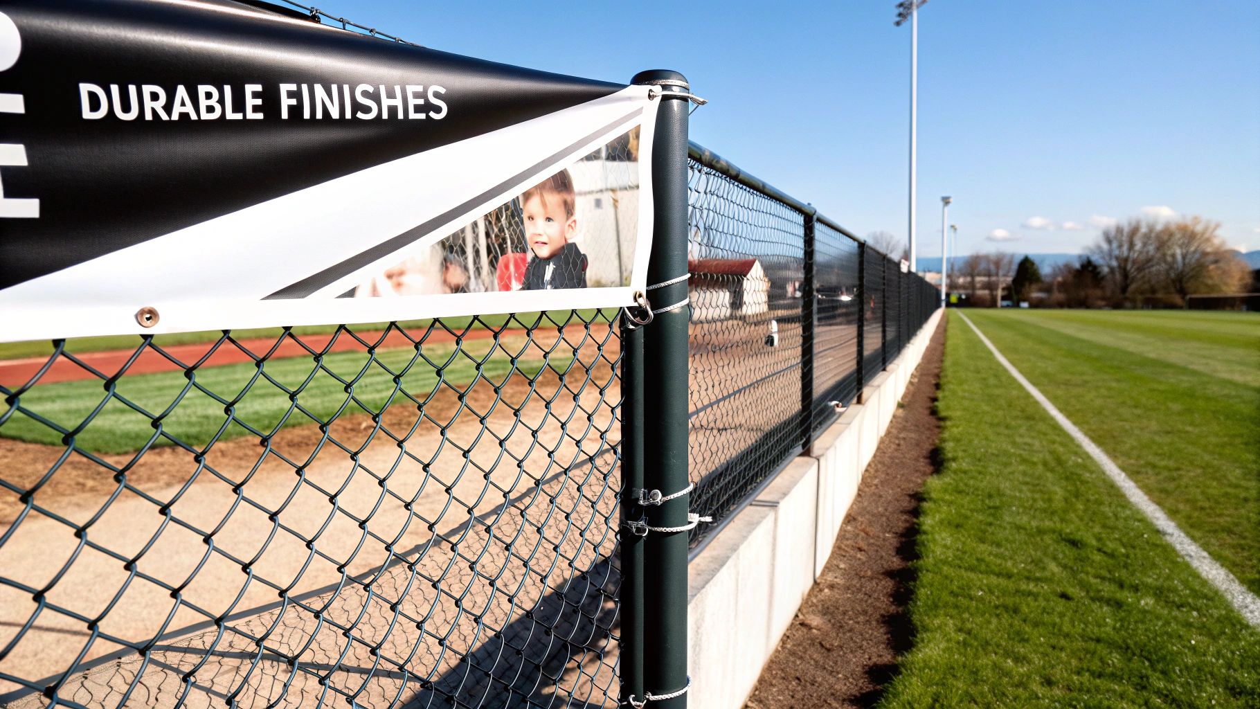 A black and white banner displaying 'DURABLE FINISHES' hangs on a chain-link fence by a sports field.