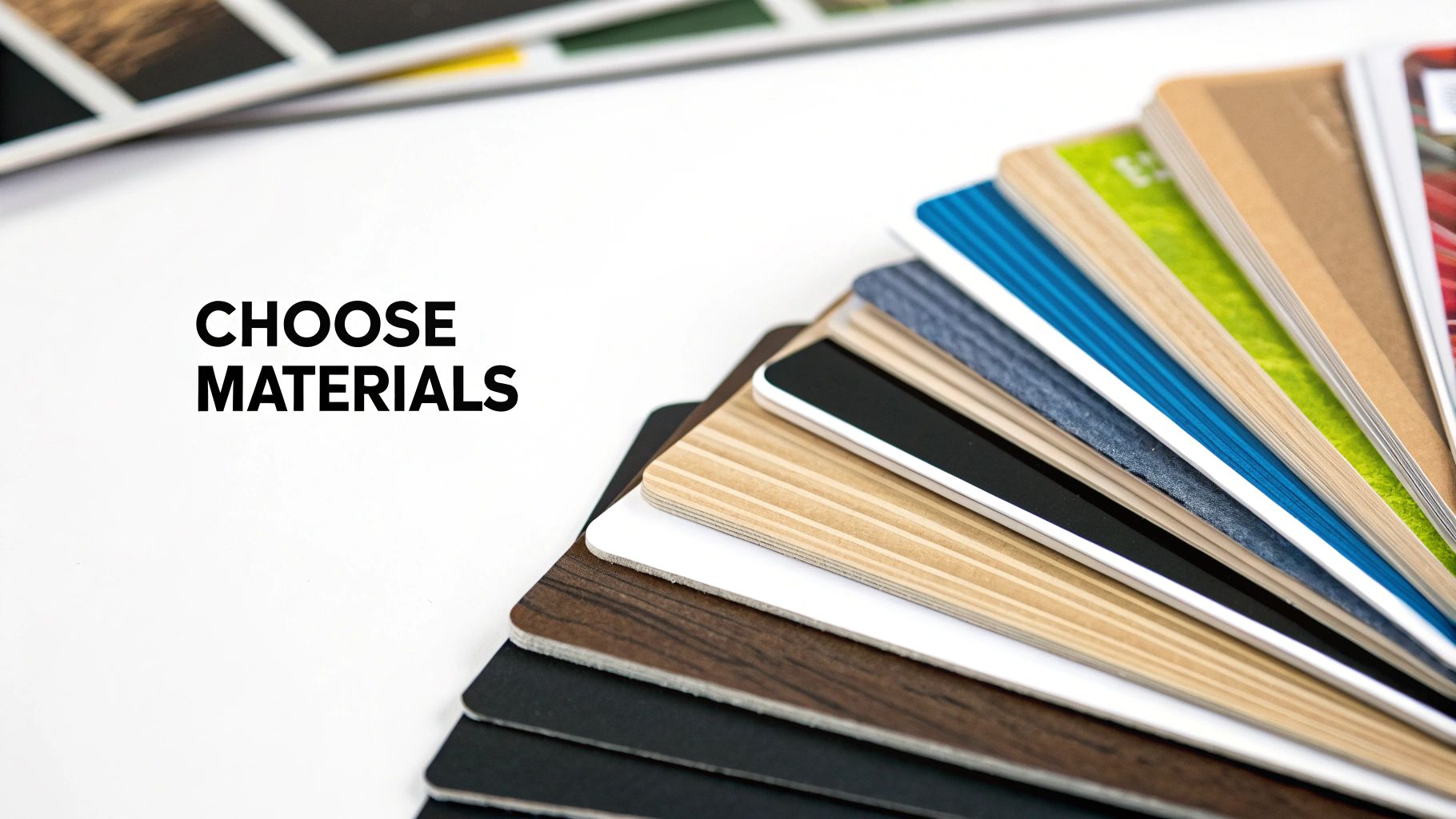 Close-up of fanned-out material samples, including wood, black, white, and colorful swatches, for choosing.