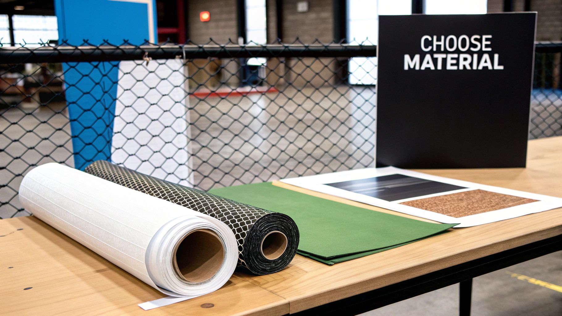 Various rolls of textured materials and sample sheets displayed on a table with a 'CHOOSE MATERIAL' sign.