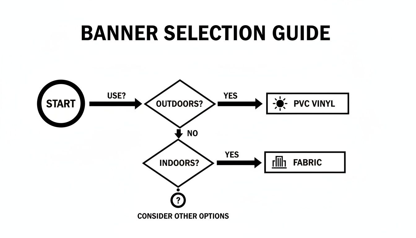 Flowchart showing banner material selection based on outdoor or indoor use: PVC vinyl for outdoors, fabric for indoors.