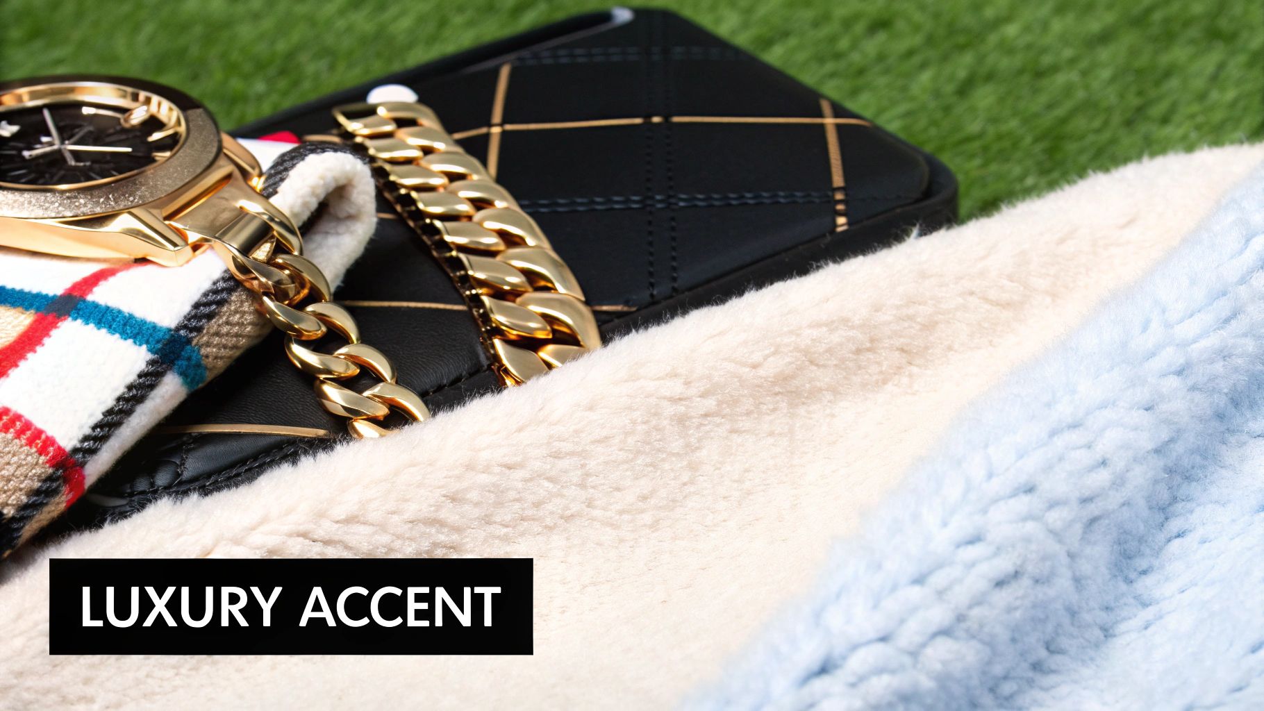 Elegant gold watch, plaid fabric, and a black quilted bag, beside soft cream and blue textiles.