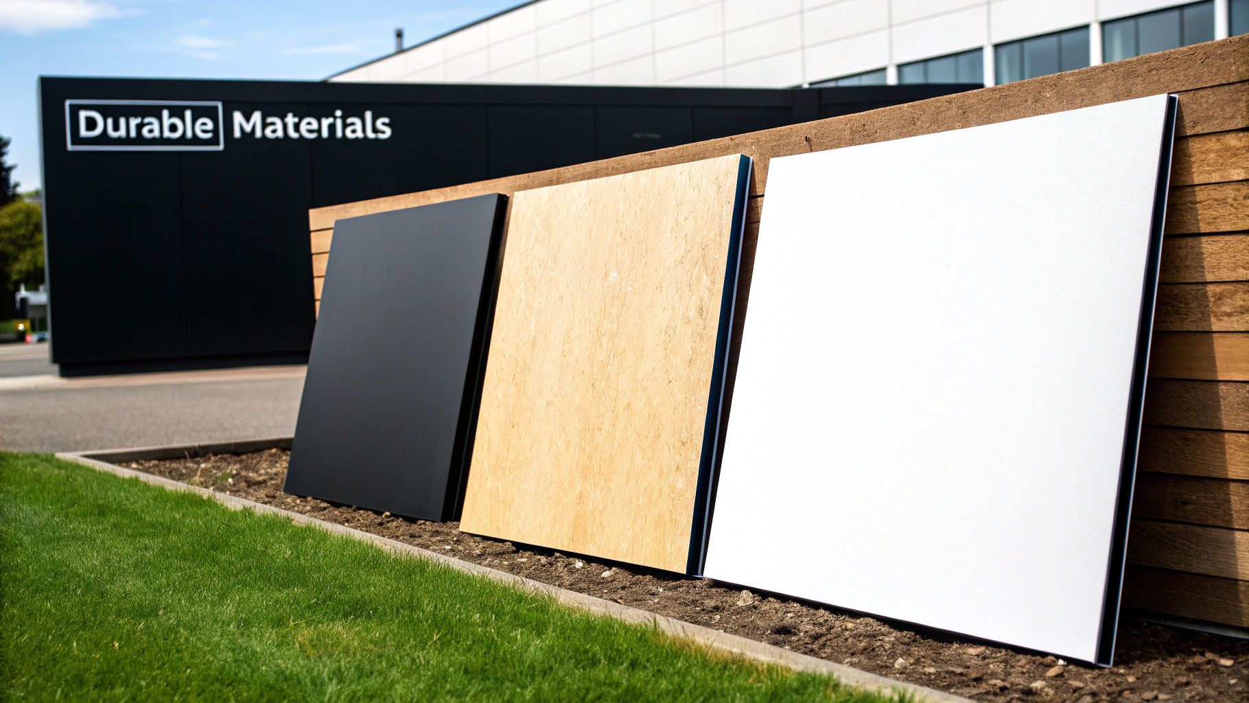 Three material samples (black, wood, white) displayed outdoors against a wooden wall.