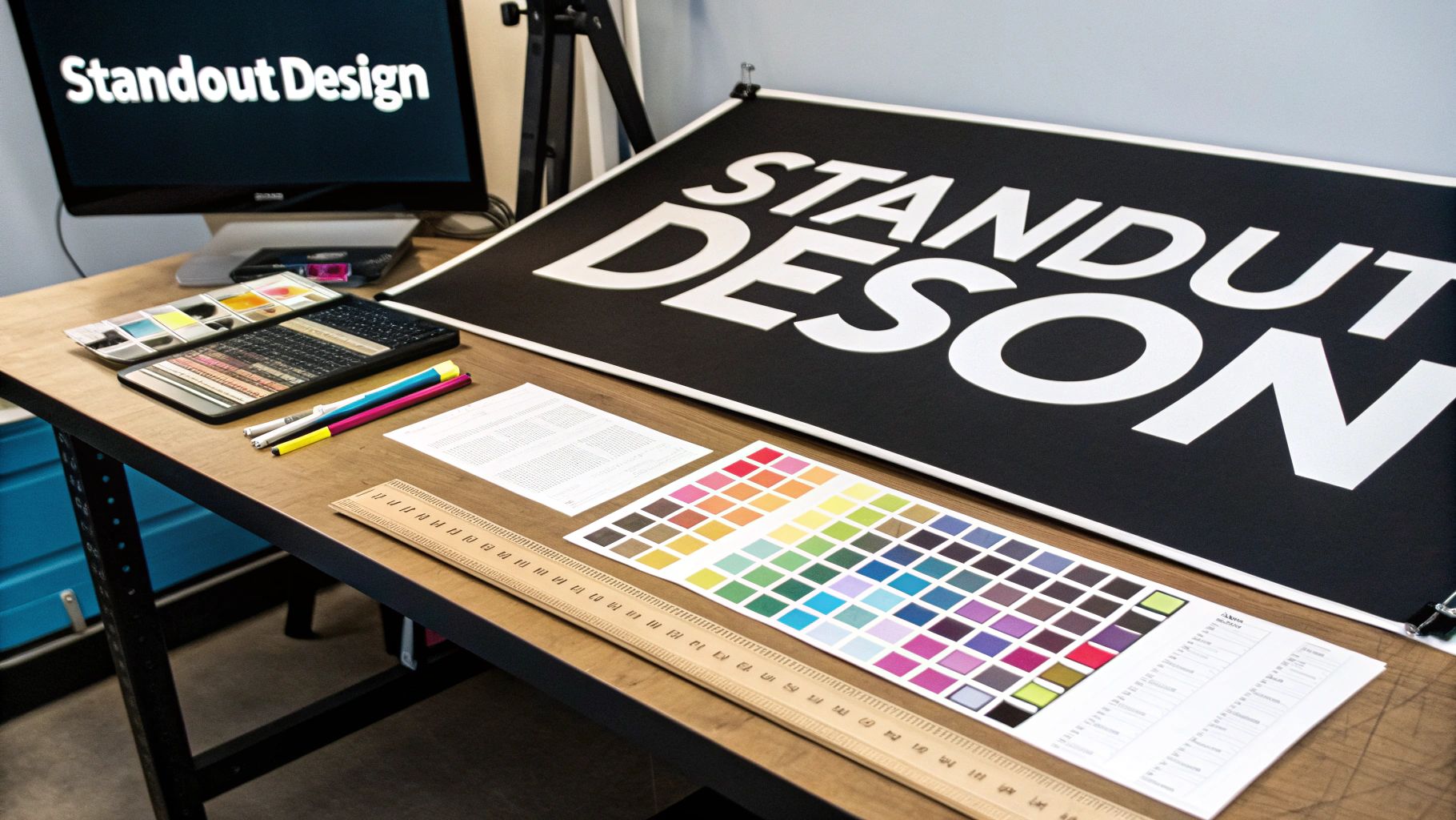 A design workspace with a computer, banner, color swatches, ruler, and design tools.