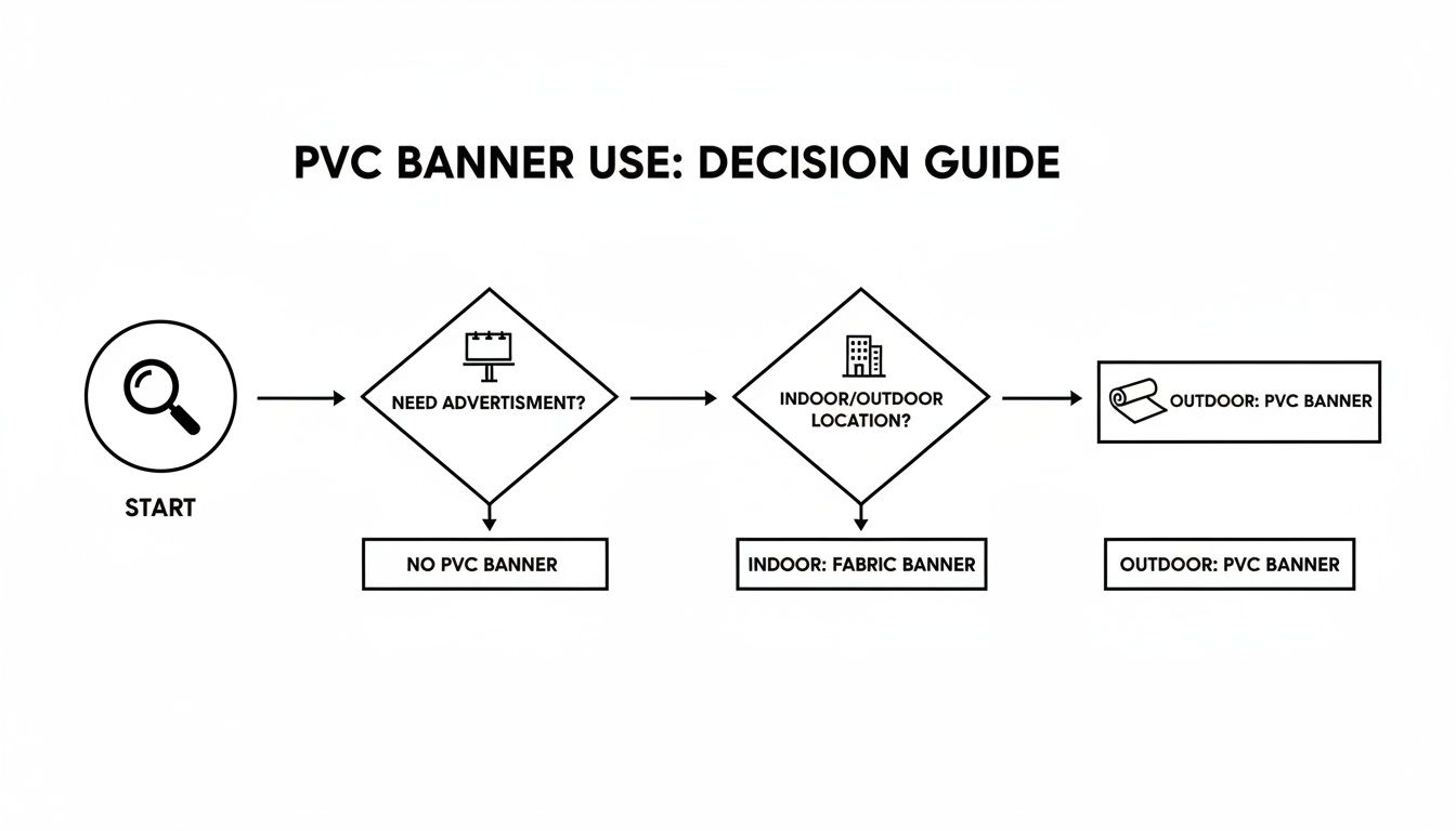 Flowchart decision guide for PVC banner use based on advertising needs and location.