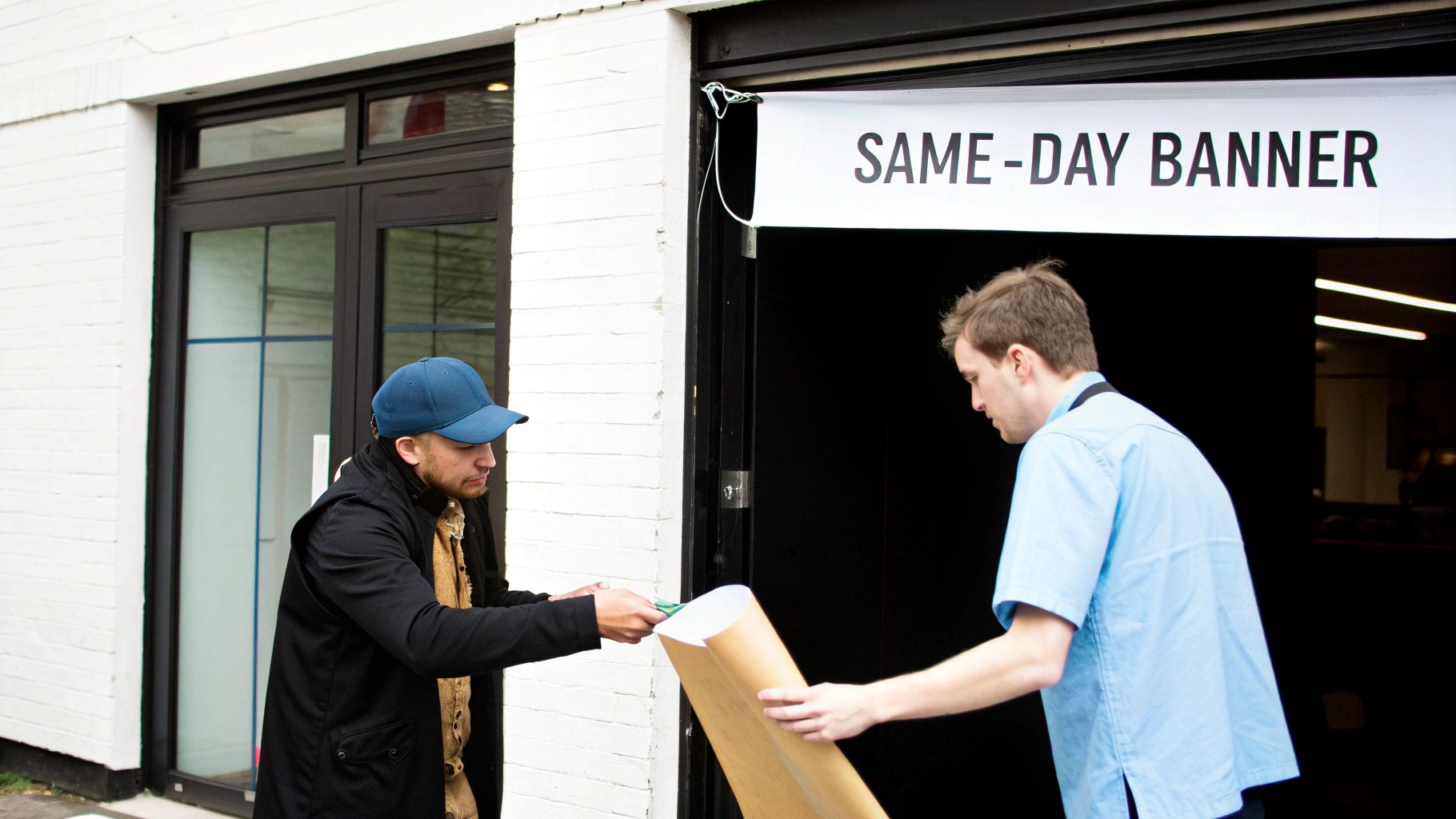 Two men exchanging items, possibly payment and a rolled banner, under a 'SAME-DAY BANNER' sign.