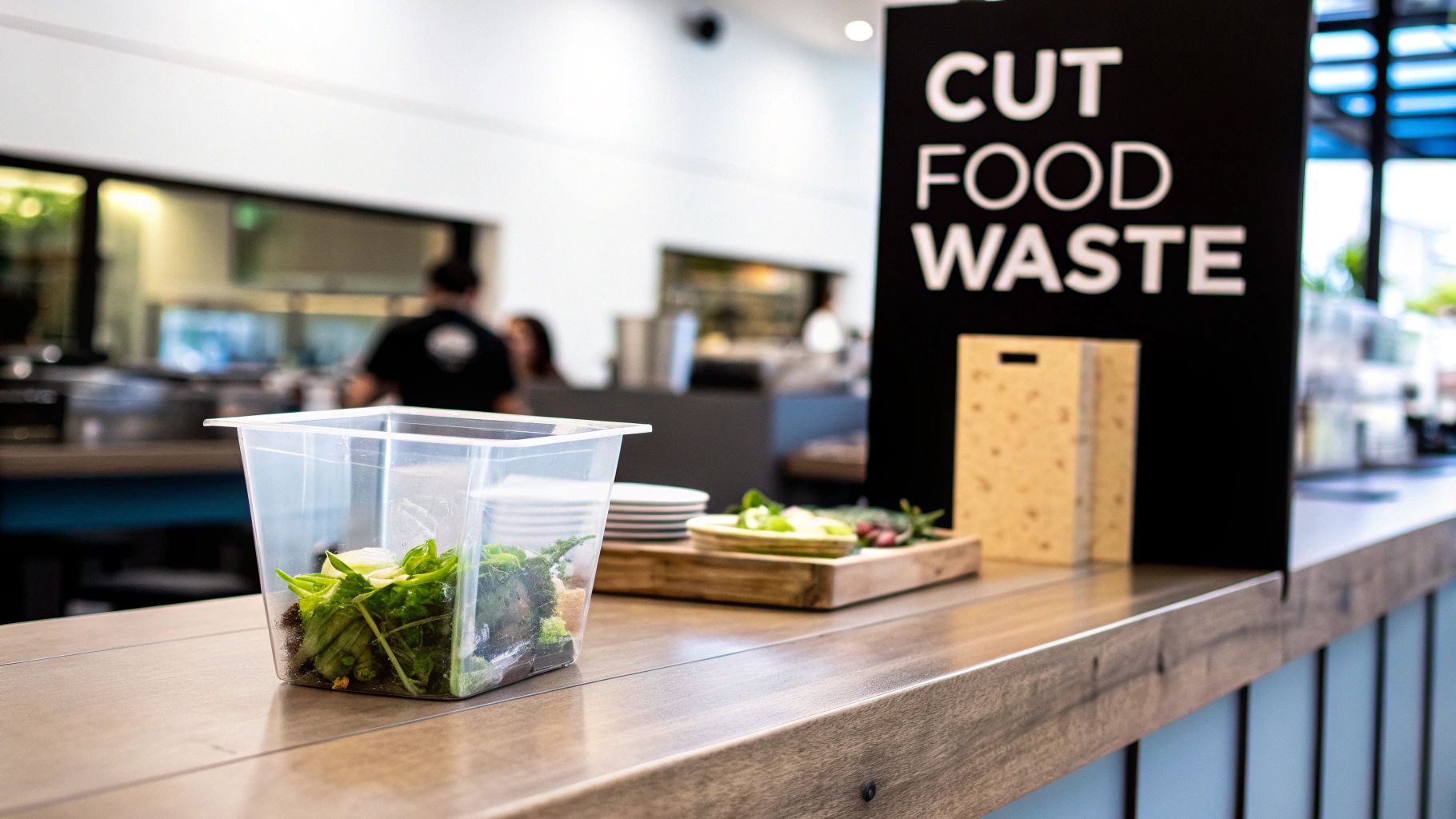 A restaurant counter displays a 'Cut Food Waste' sign beside fresh salad in a clear container.