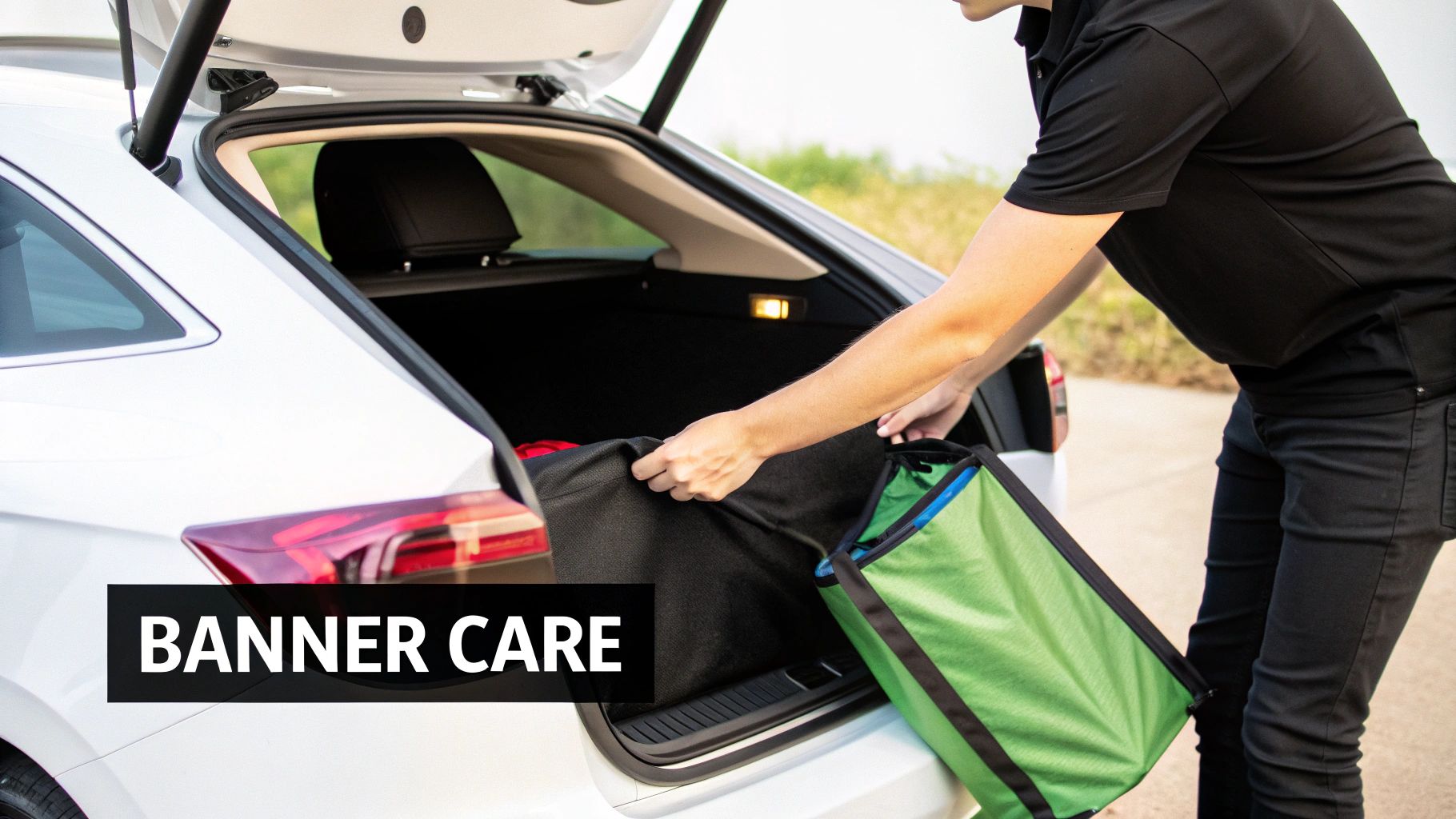 A person loads a black and green carry bag into the open trunk of a white car.