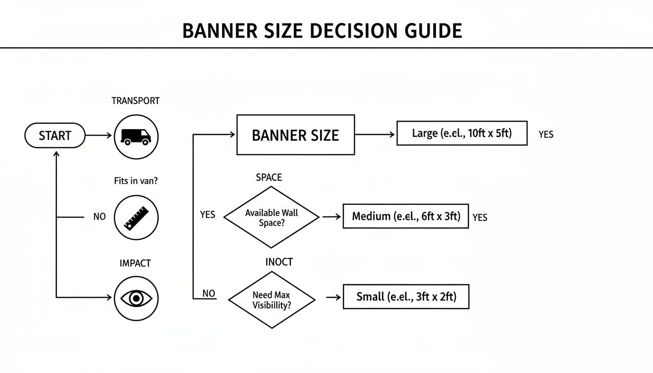 Flowchart diagram for banner size decisions, considering transport, available wall space, and visibility needs, leading to Large, Medium, or Small sizes.