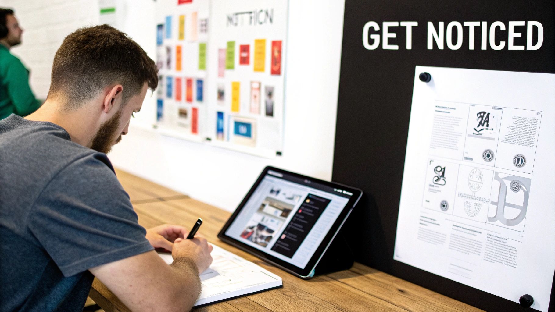 A focused man writes in a notebook at a desk with a tablet and design boards in the background.