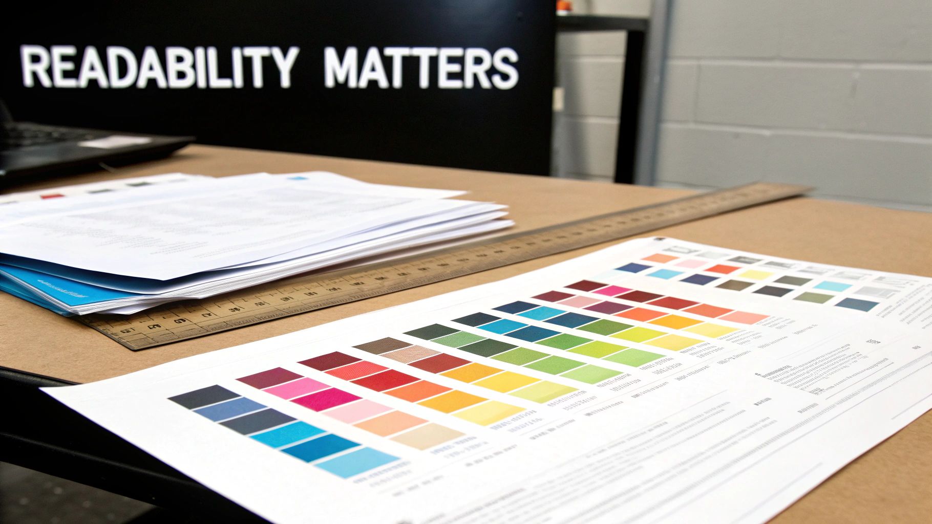 A desk with documents, a ruler, and a color chart, with a 'READABILITY MATTERS' sign.