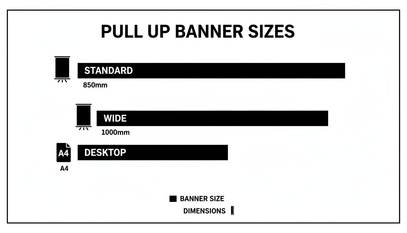 This image illustrates various pull up banner sizes, including Standard (850mm), Wide (1000mm), and Desktop (A4).