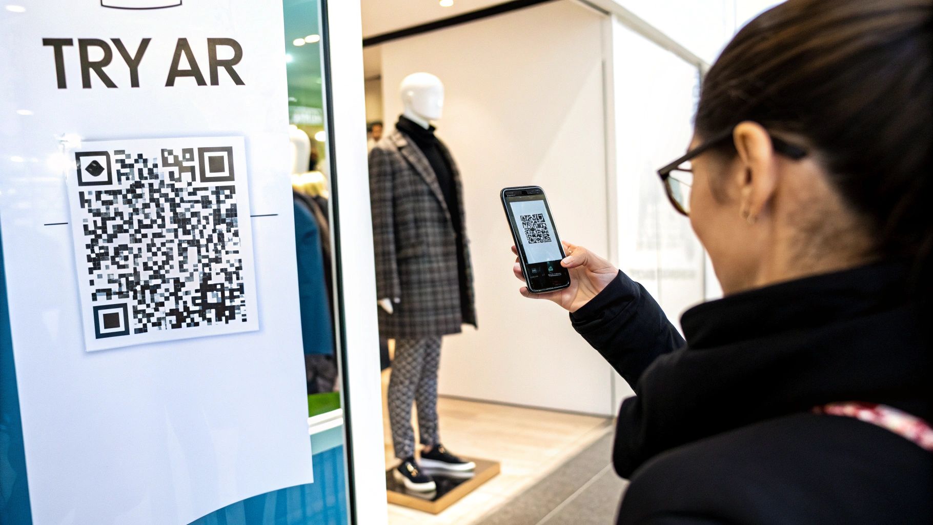 Customer uses a smartphone to scan a 'TRY AR' QR code in a retail shop window.