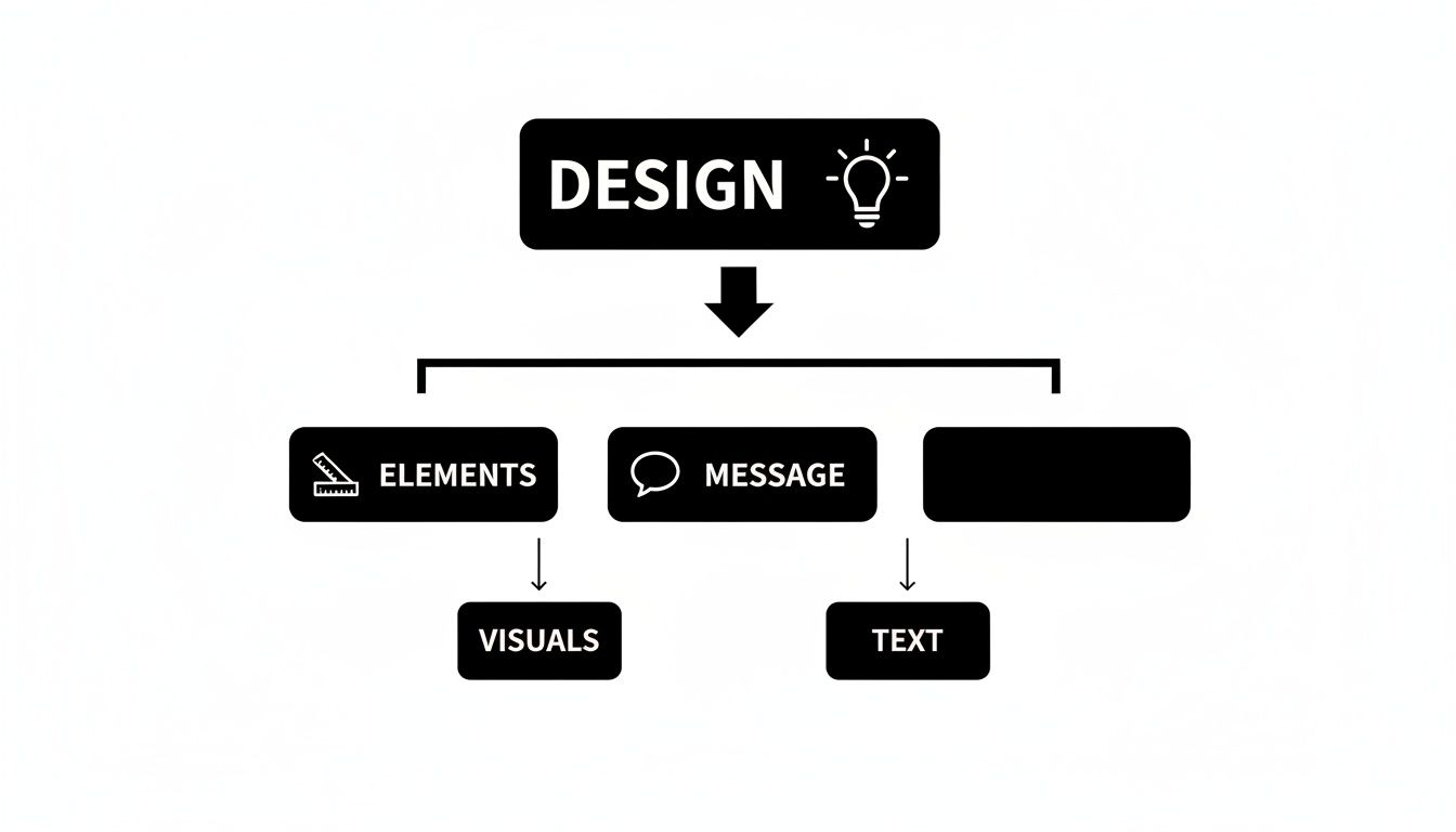 A black and white flowchart illustrating the concept of design, showing its breakdown into elements and message, leading to visuals and text.