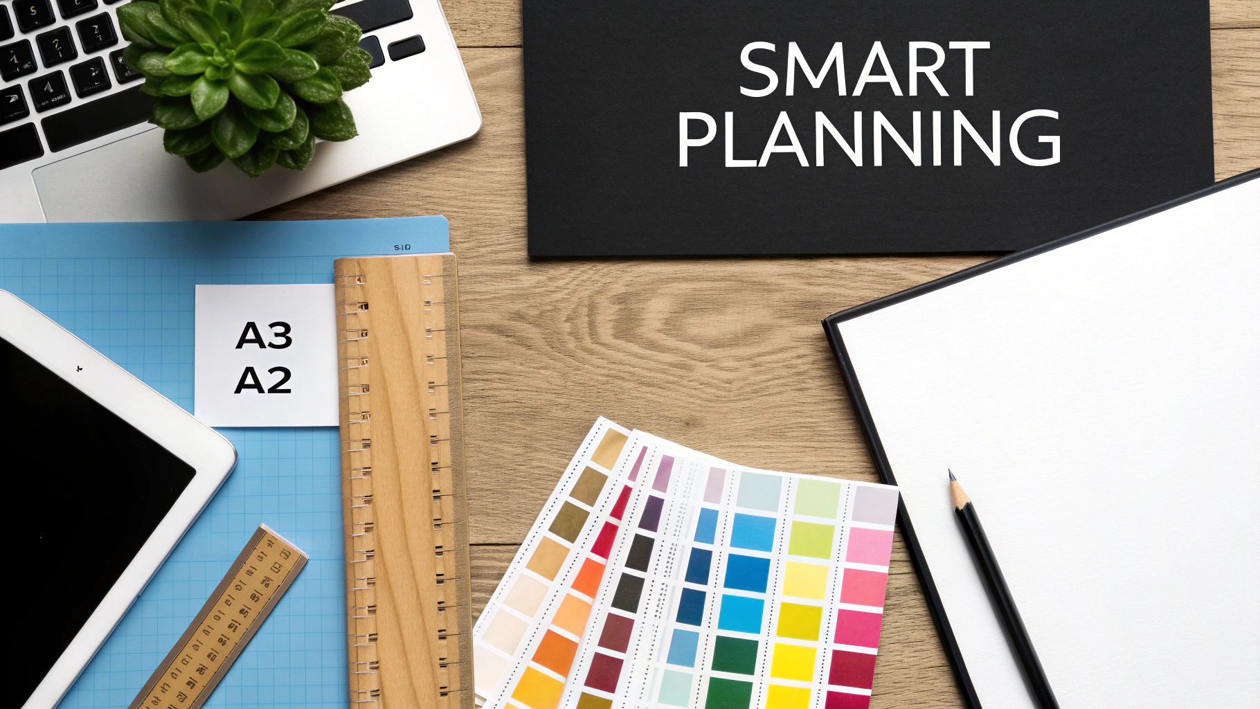 A flat lay of a wooden desk with a laptop, plant, stationery, and a 'SMART PLANNING' sign.