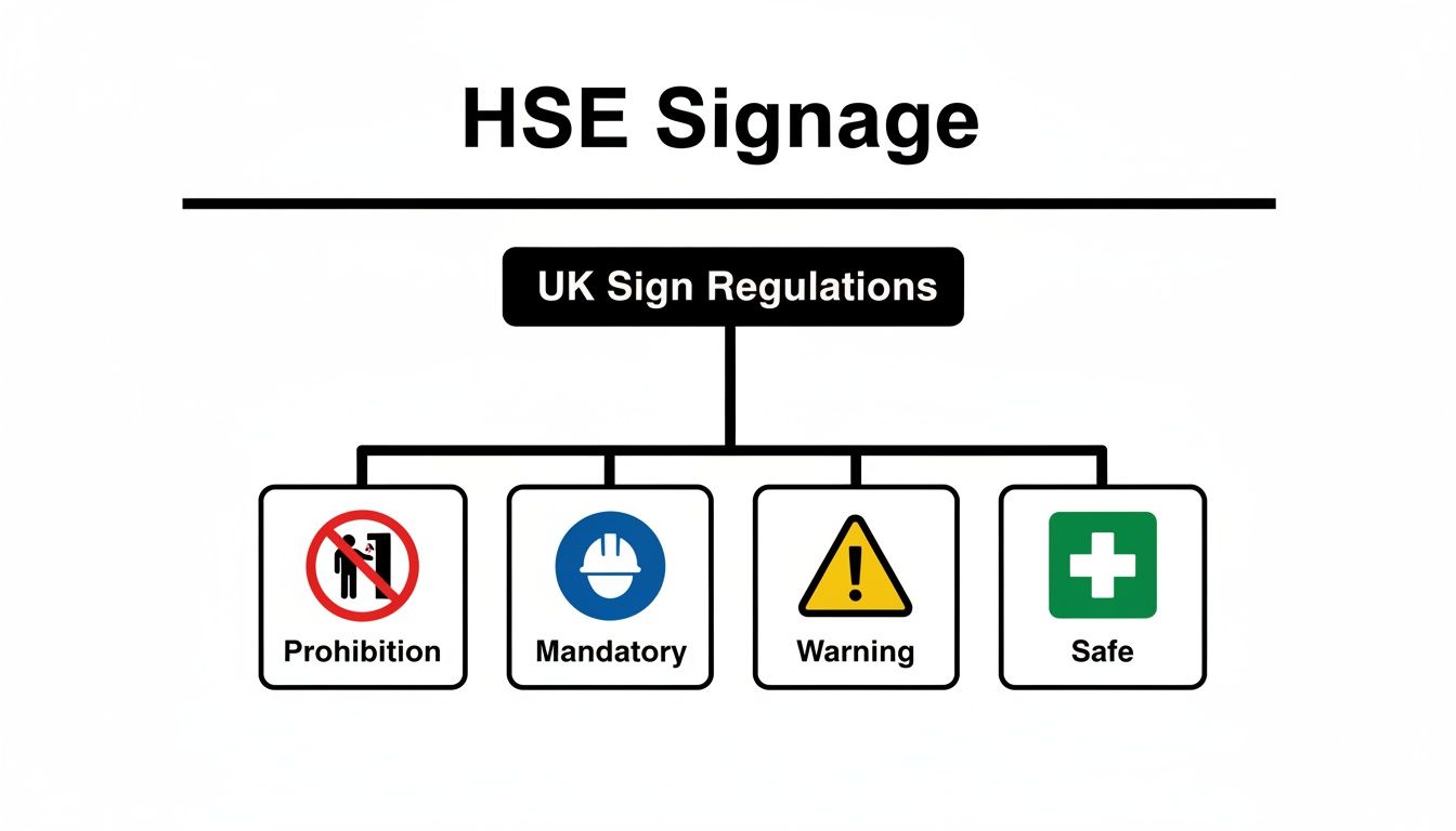 Diagram illustrating UK HSE sign regulations, categorizing prohibition, mandatory, warning, and safe signs.
