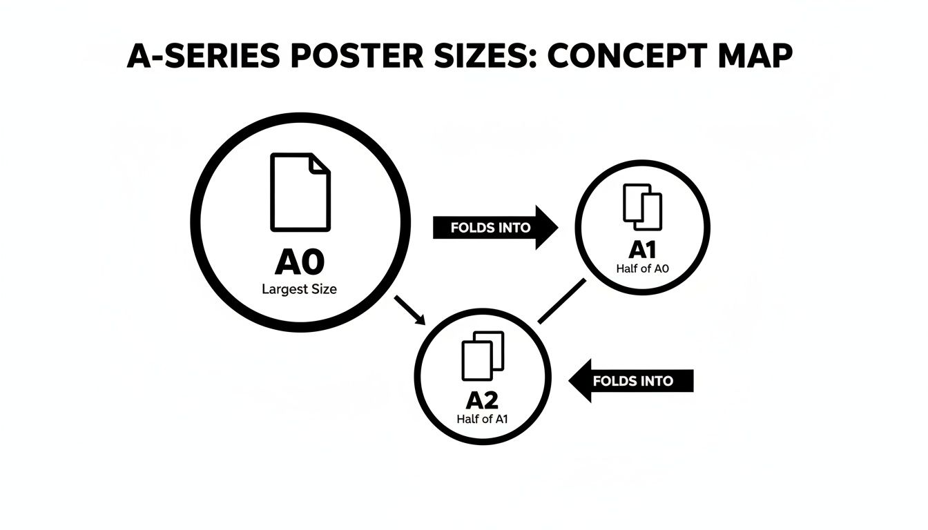 A concept map illustrating A-series poster sizes (A0, A1, A2) and their relationship through folding.
