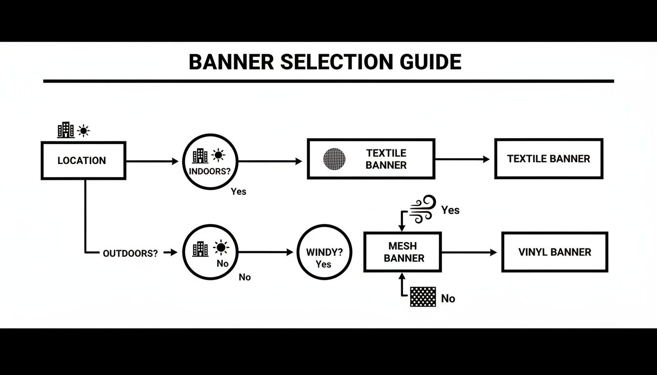 Flowchart guiding banner selection based on location (indoors/outdoors) and wind conditions, leading to textile, mesh, or vinyl banners.