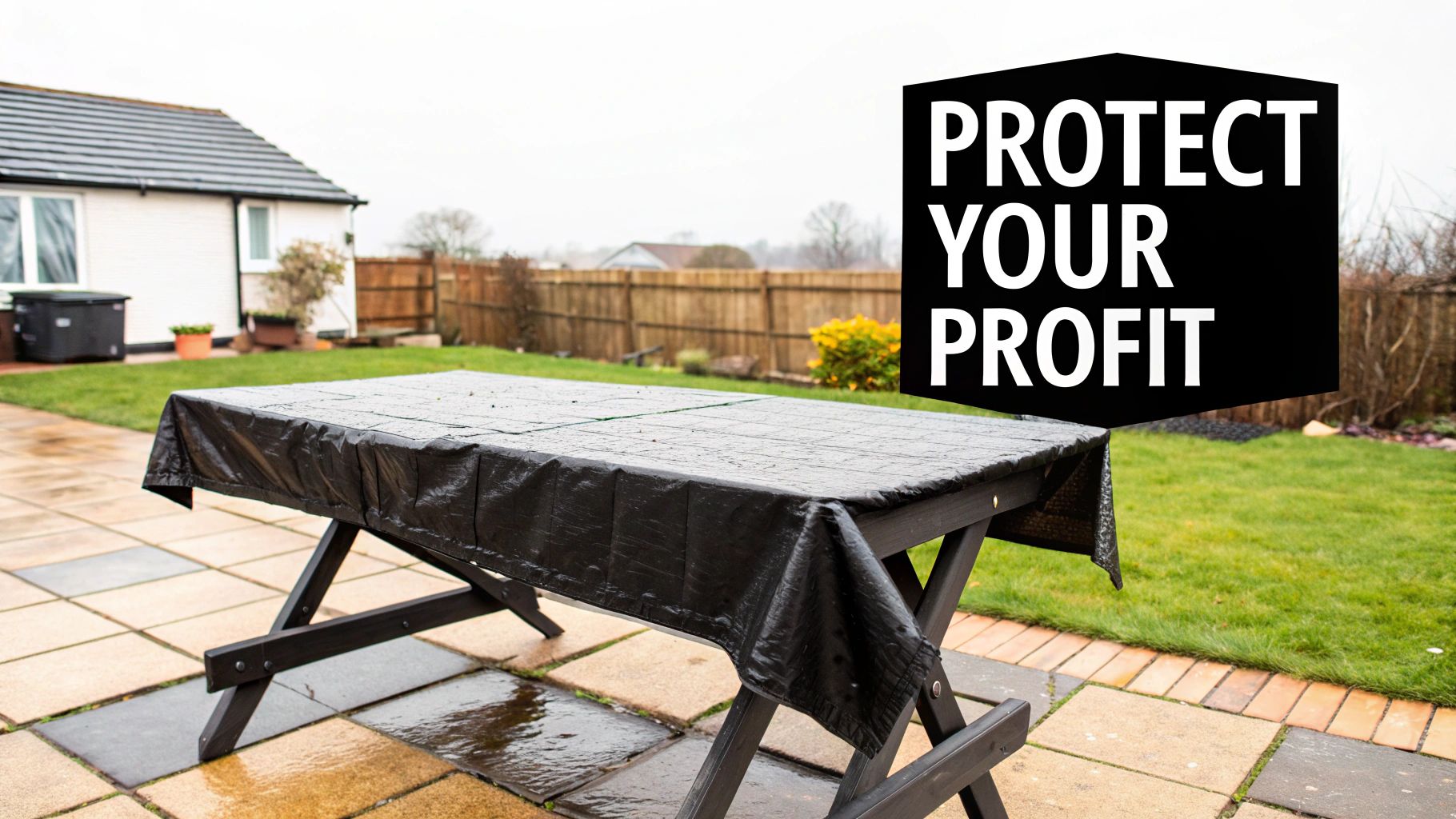 A black weatherproof cover protects an outdoor picnic table on a wet patio in a garden.