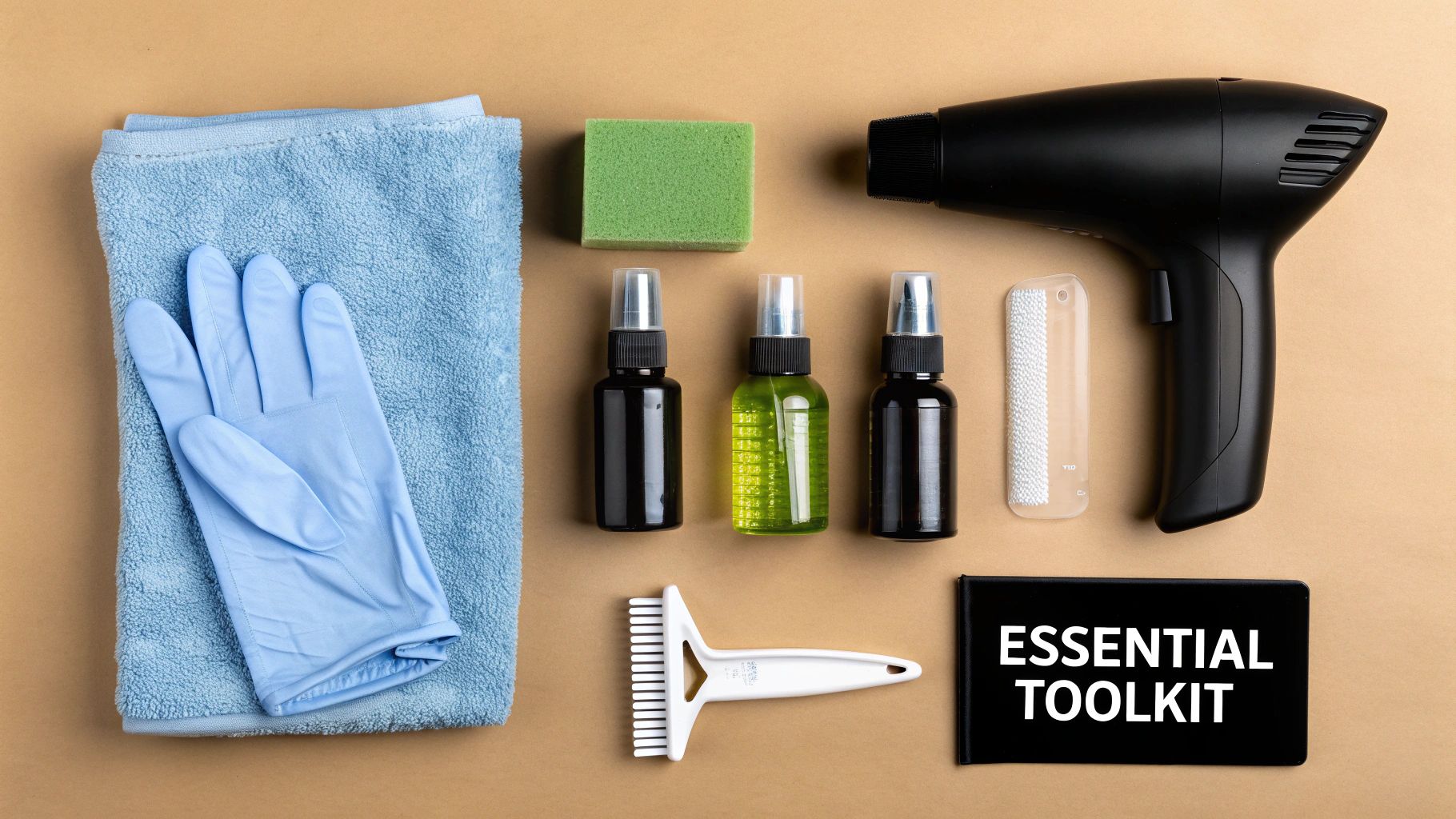 A flat lay of an essential toolkit including a towel, gloves, spray bottles, a heat gun, and various cleaning tools.