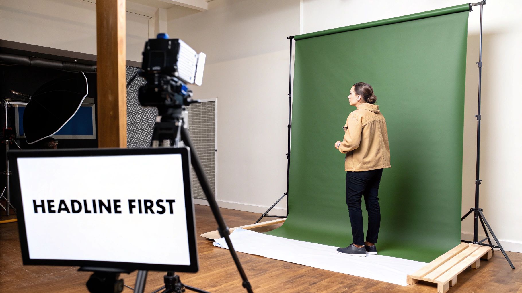 A person stands in front of a green screen with a camera and monitor displaying 'HEADLINE FIRST'.
