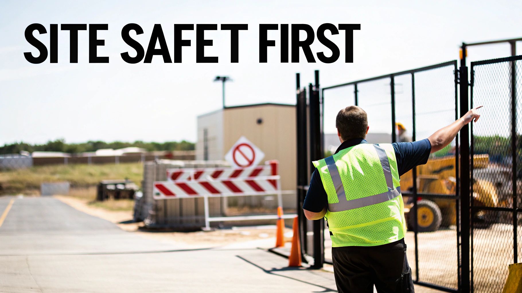 A worker in a safety vest points at a construction site entrance with safety signs and barriers.