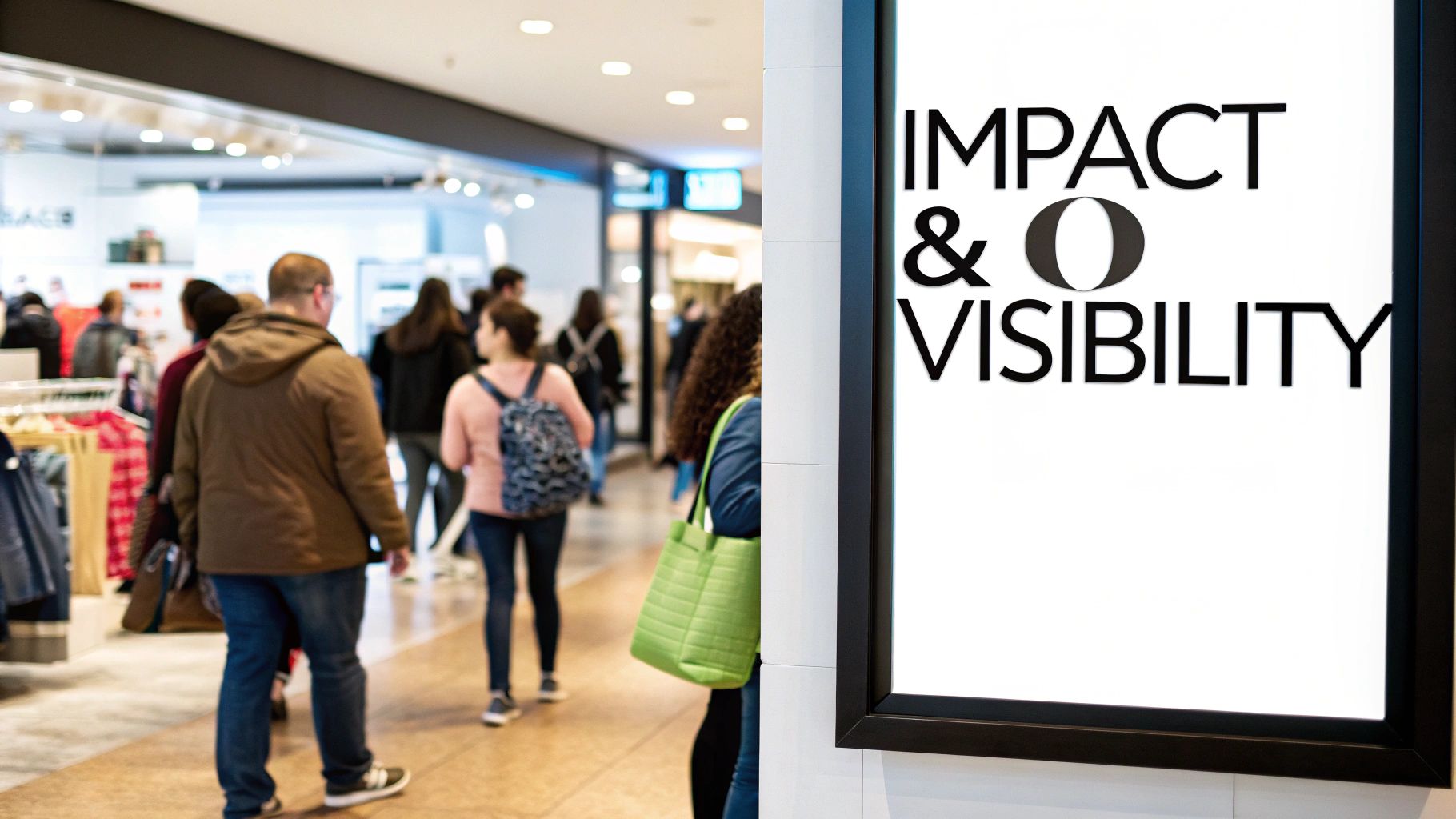 A framed white poster displaying 'IMPACT & VISIBILITY' stands in a bustling shopping center.