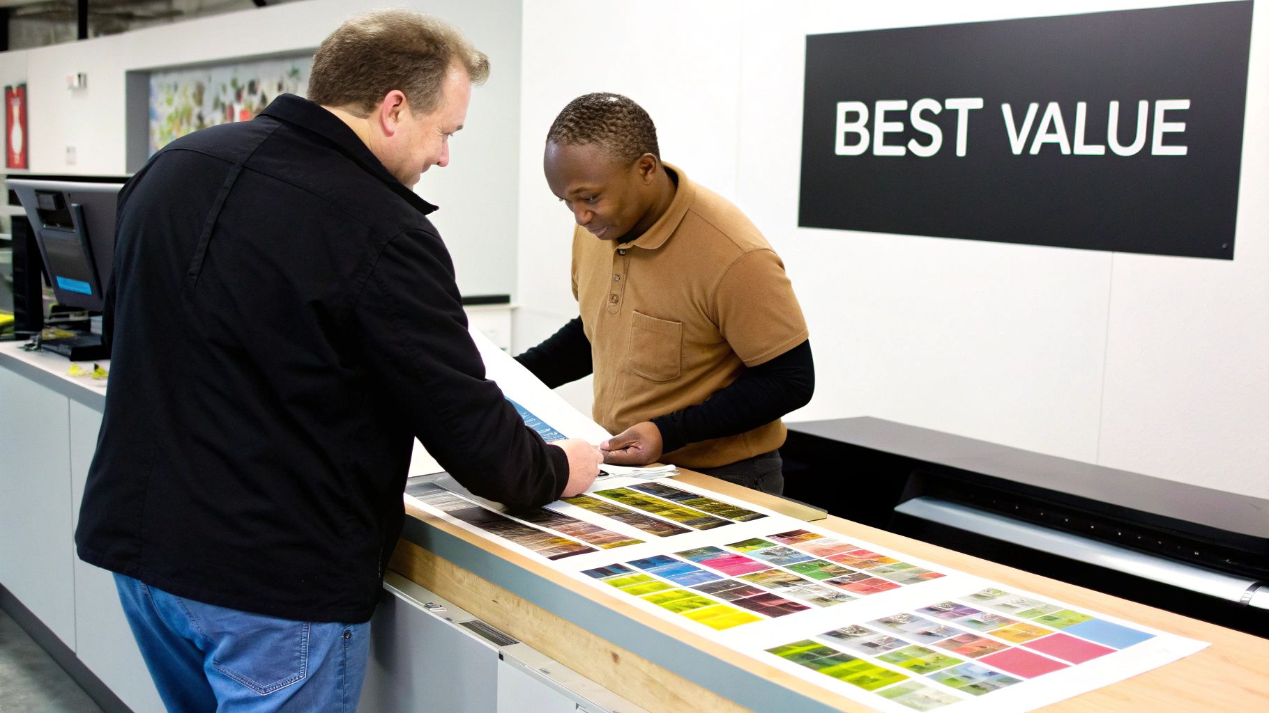 Two men reviewing large color proof sheets with multiple image samples in a print shop.