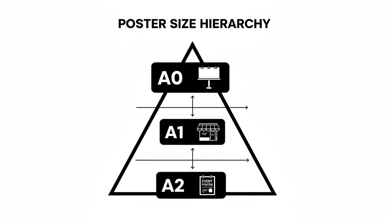 A pyramid diagram illustrates poster size hierarchy: A0 (billboard), A1 (shop), A2 (event poster).